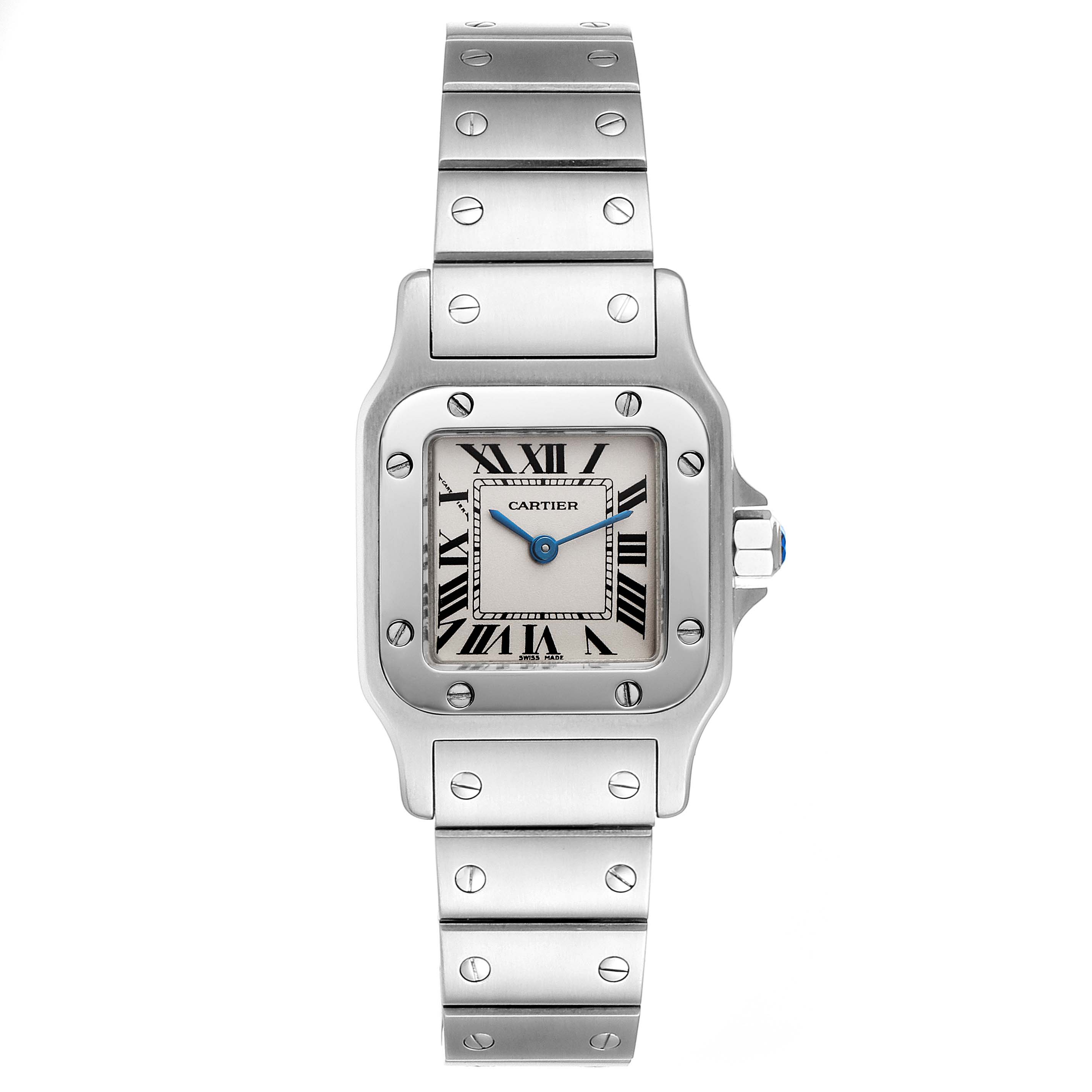 The image shows a front view of a Cartier Santos W20056D6 Women
s Stainless Steel Silver Dial W20056D6 Women
s Stainless Steel Silver Dial watch, highlighting its face, bezel, and bracelet.