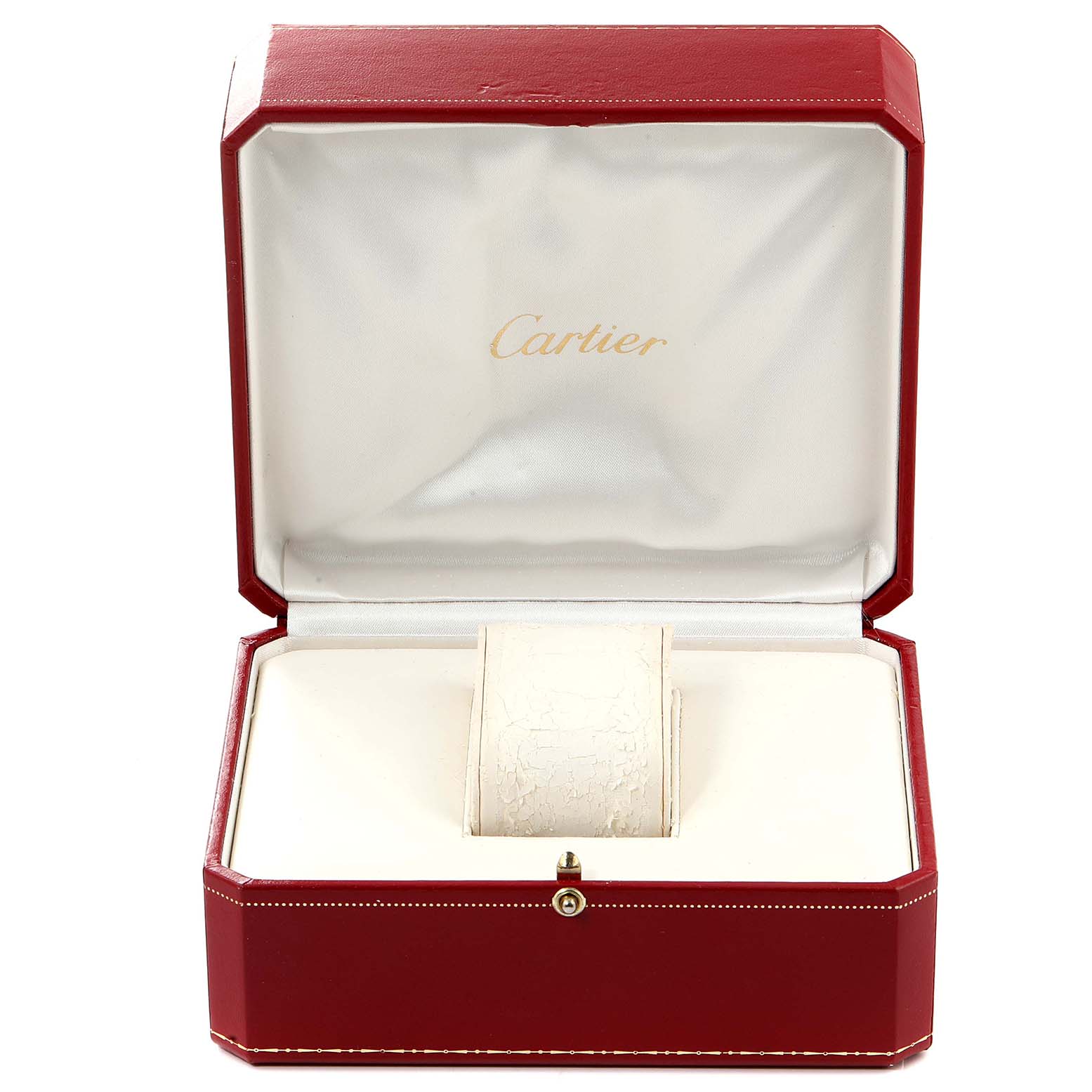 The image shows an open Cartier Santos W20056D6 Women
s Stainless Steel Silver Dial W20056D6 Women
s Stainless Steel Silver Dial watch box with a cushioning pillow, viewed from the front.