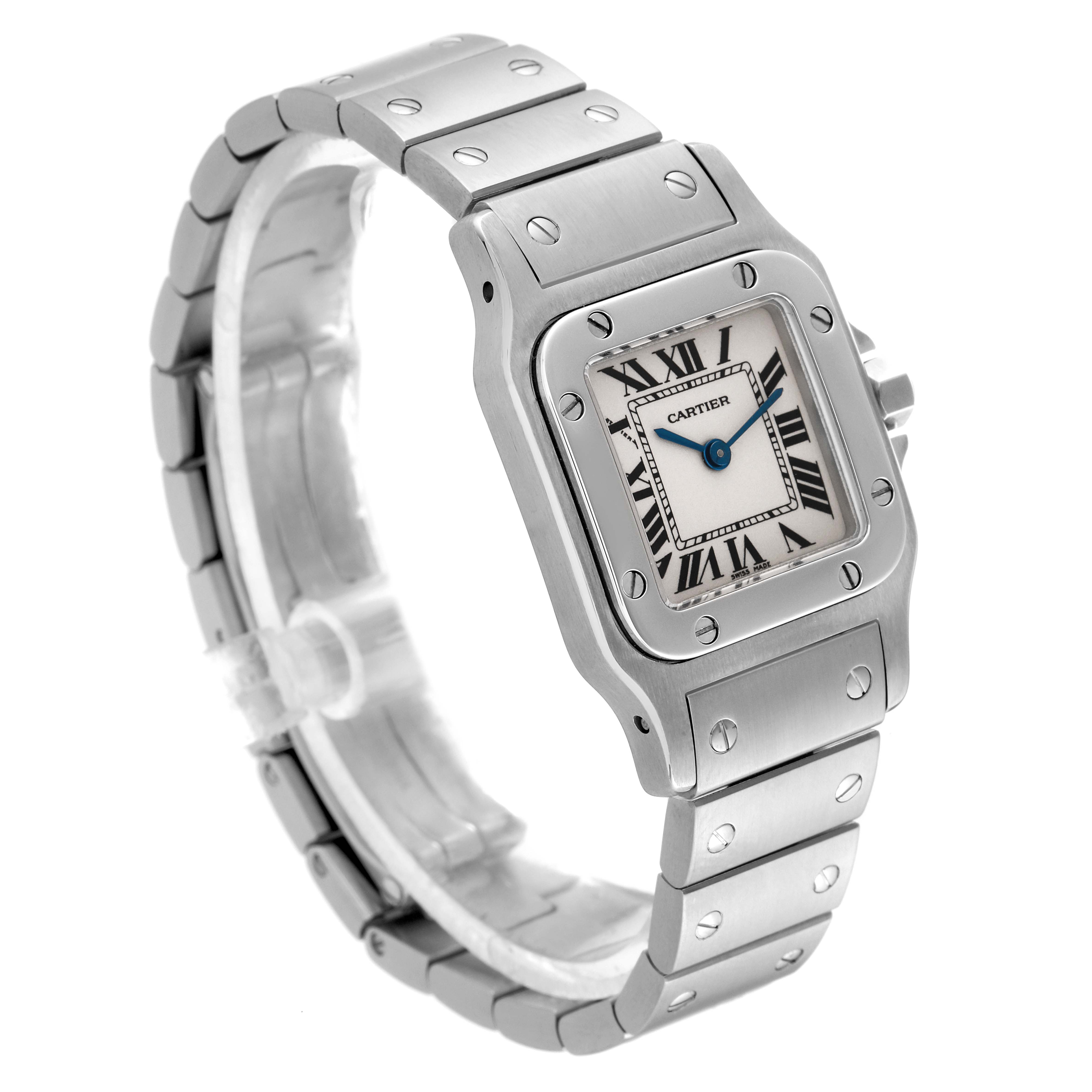 The image shows a Cartier Santos W20056D6 Women
s Stainless Steel Silver Dial W20056D6 Women
s Stainless Steel Silver Dial model watch at a 3/4 angle, displaying the face, bezel, and bracelet.