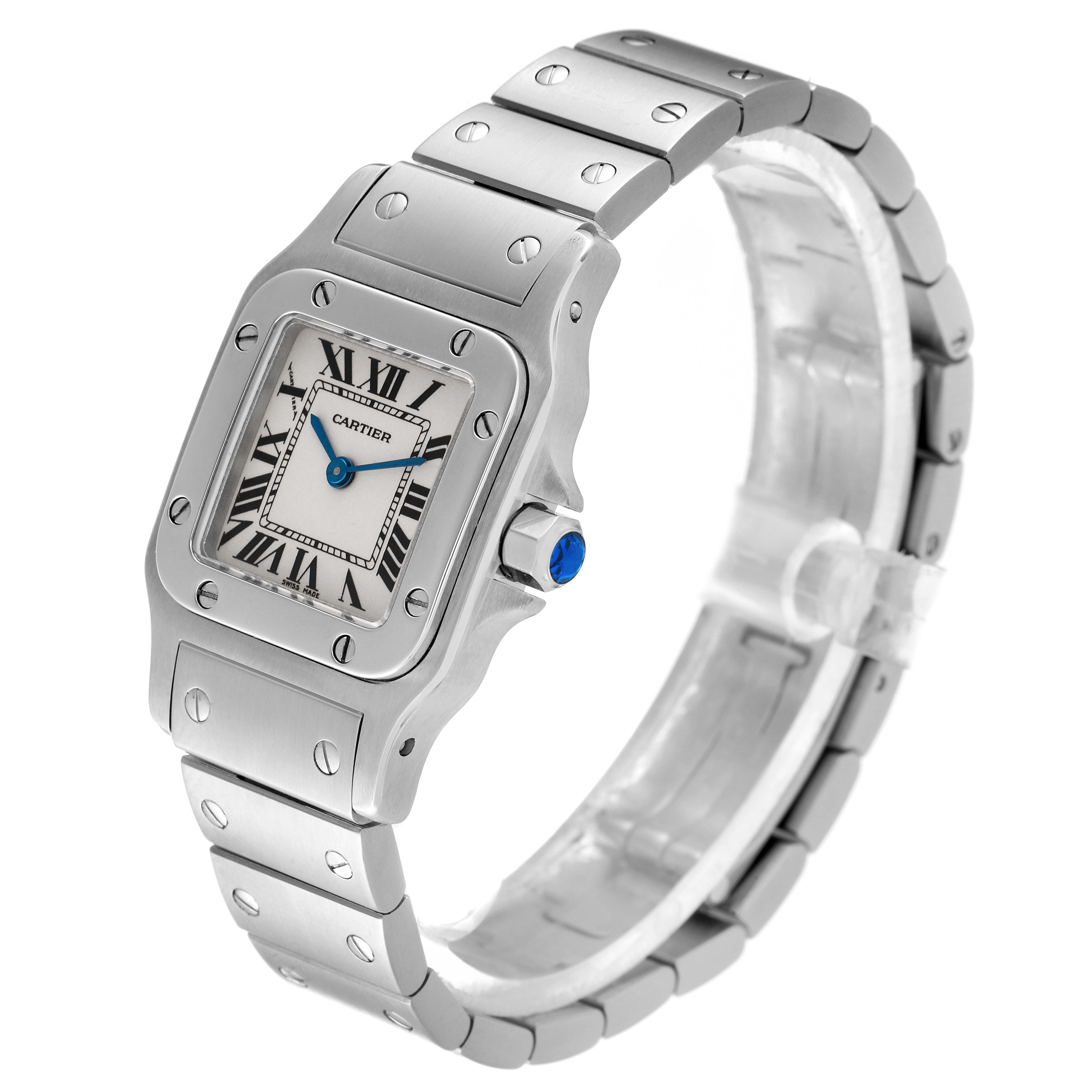 The image shows a Cartier Santos W20056D6 Women
s Stainless Steel Silver Dial W20056D6 Women
s Stainless Steel Silver Dial watch at a side angle, highlighting its square dial, bracelet, and blue crown.