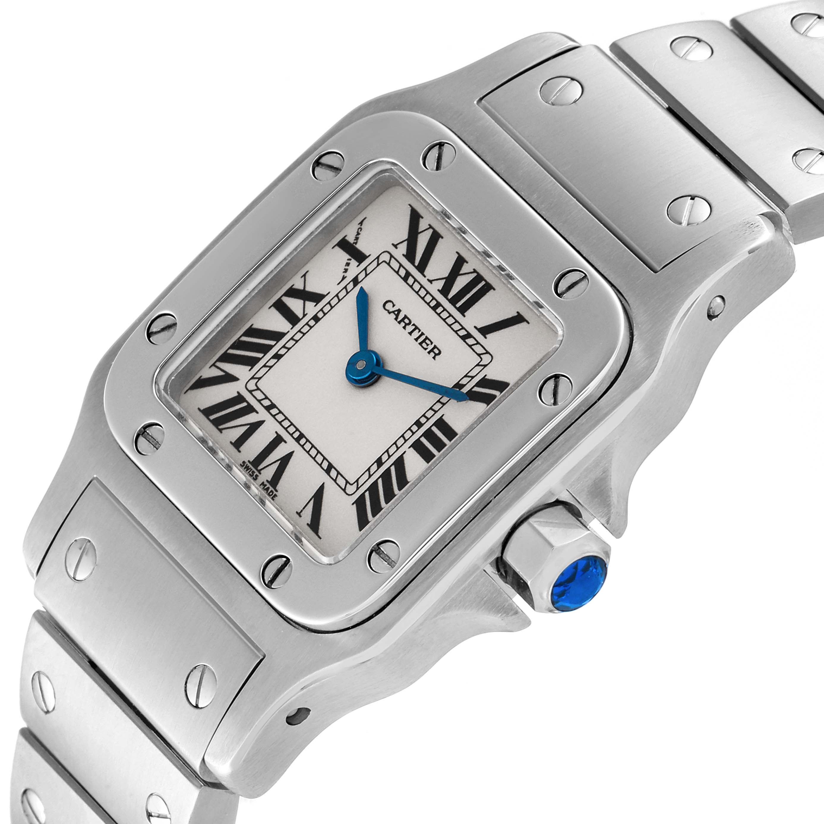 This image shows a close-up angle of the Cartier Santos W20056D6 Women
s Stainless Steel Silver Dial W20056D6 Women
s Stainless Steel Silver Dial watch, highlighting the face, bezel, crown, and part of the bracelet.