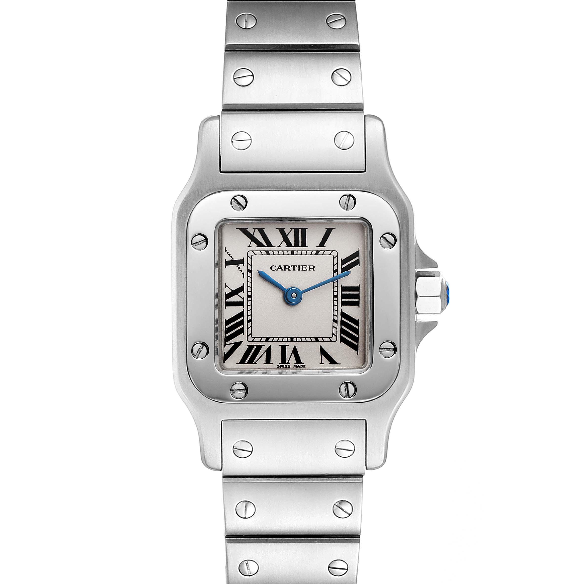 The image shows the front view of a Cartier Santos W20056D6 Women
s Stainless Steel Silver Dial W20056D6 Women
s Stainless Steel Silver Dial watch, including the dial, bezel, and bracelet.