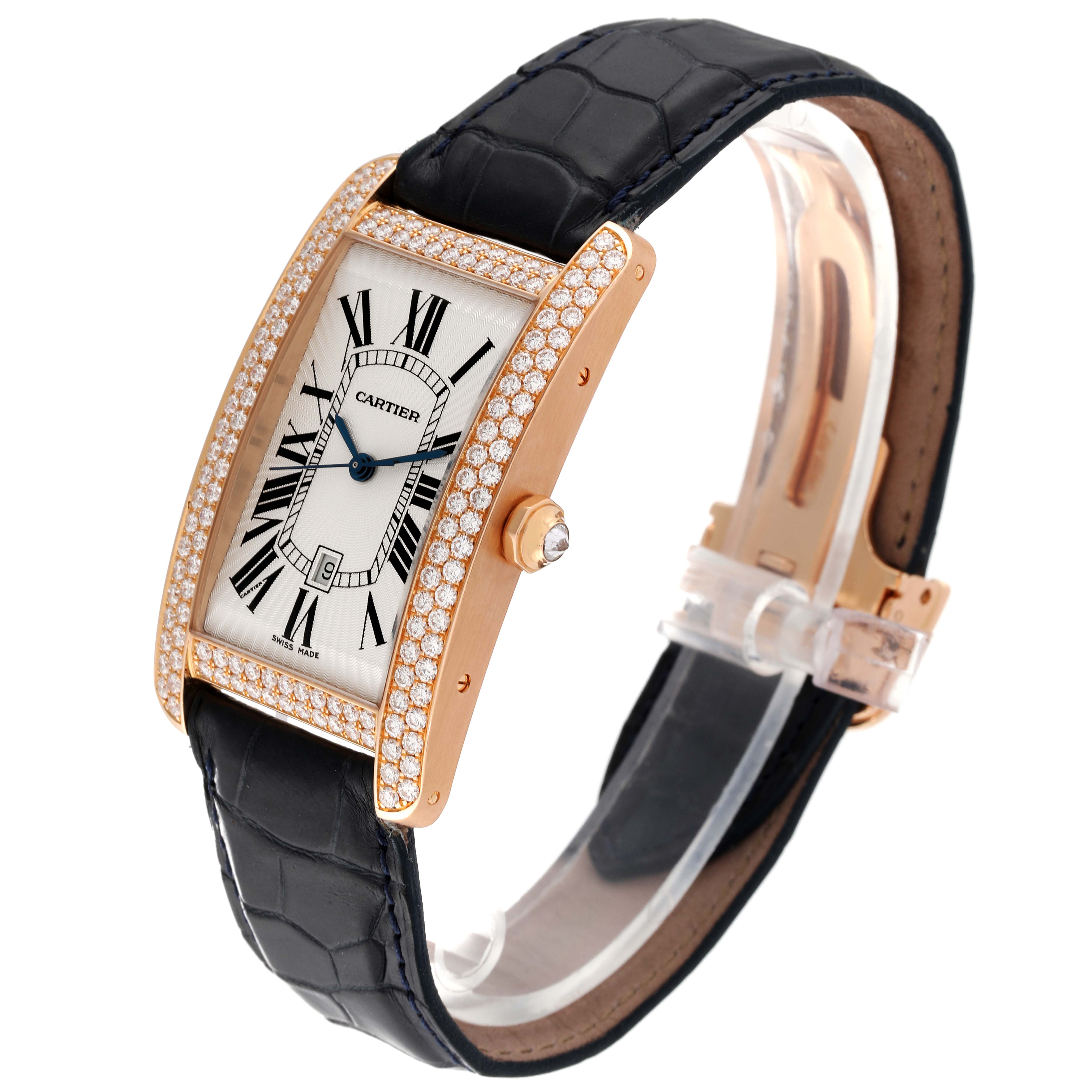 The Cartier Tank Americaine WB704851 Men's Rose Gold Silver Dial WB704851 Men's Rose Gold Silver Dial watch is depicted at a three-quarter angle, showcasing the dial, bezel, crown, and part of the strap.