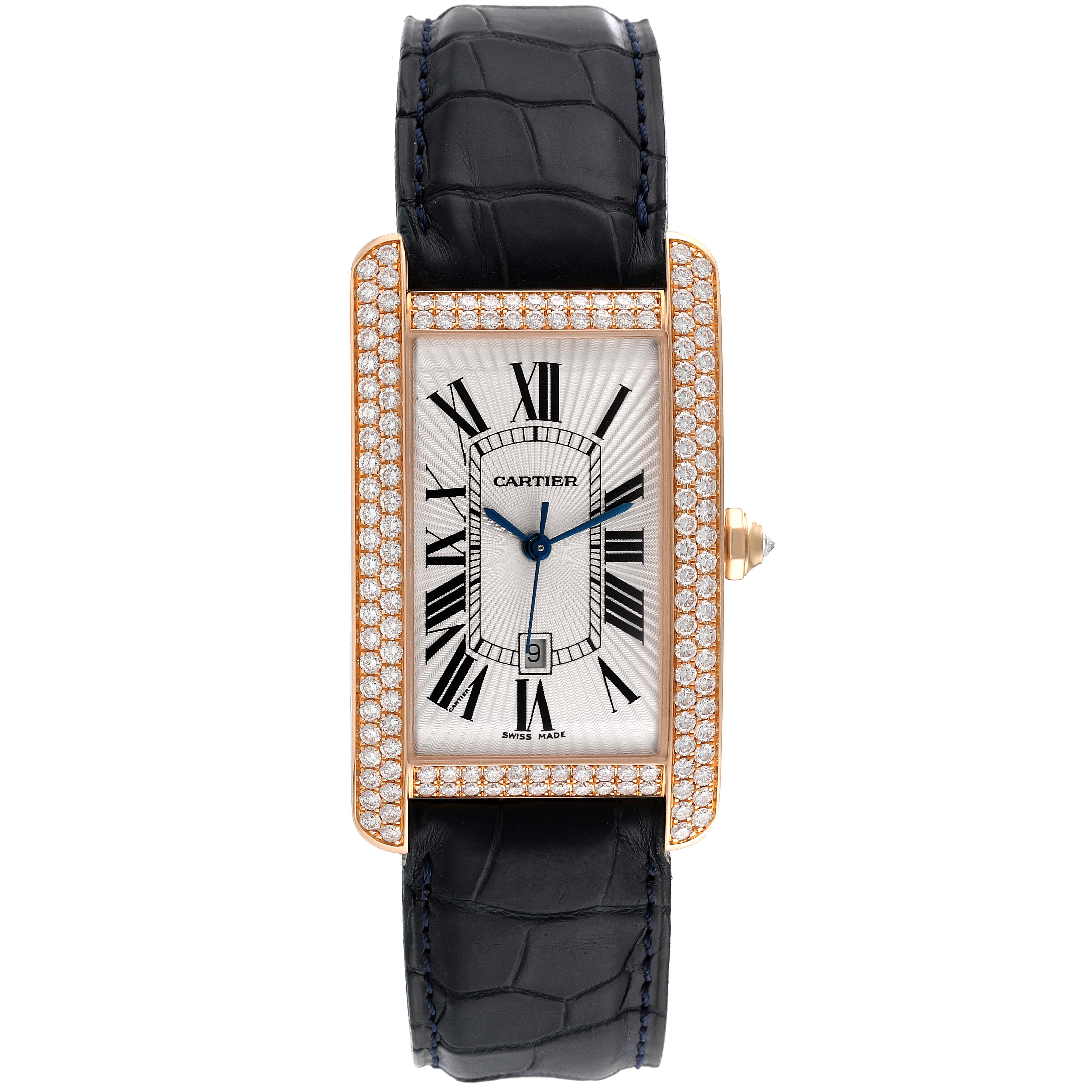 The image shows a front view of a Cartier Tank Americaine WB704851 Men's Rose Gold Silver Dial WB704851 Men's Rose Gold Silver Dial watch, featuring a diamond bezel and a black leather strap.