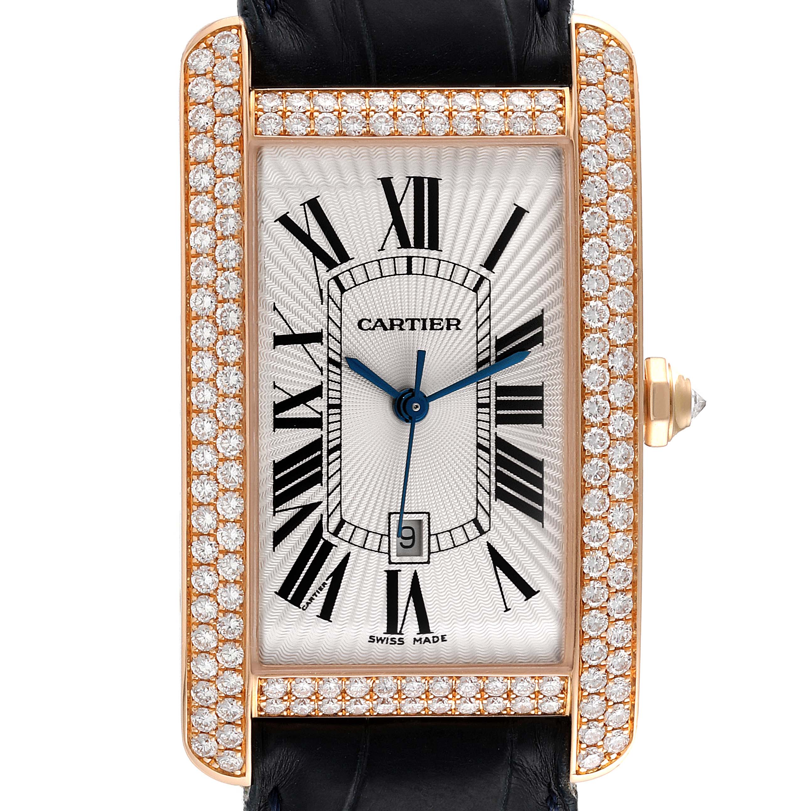 This image shows a close-up of the Cartier Tank Americaine WB704851 Men's Rose Gold Silver Dial WB704851 Men's Rose Gold Silver Dial watch, highlighting the diamond-set bezel and Roman numeral dial.