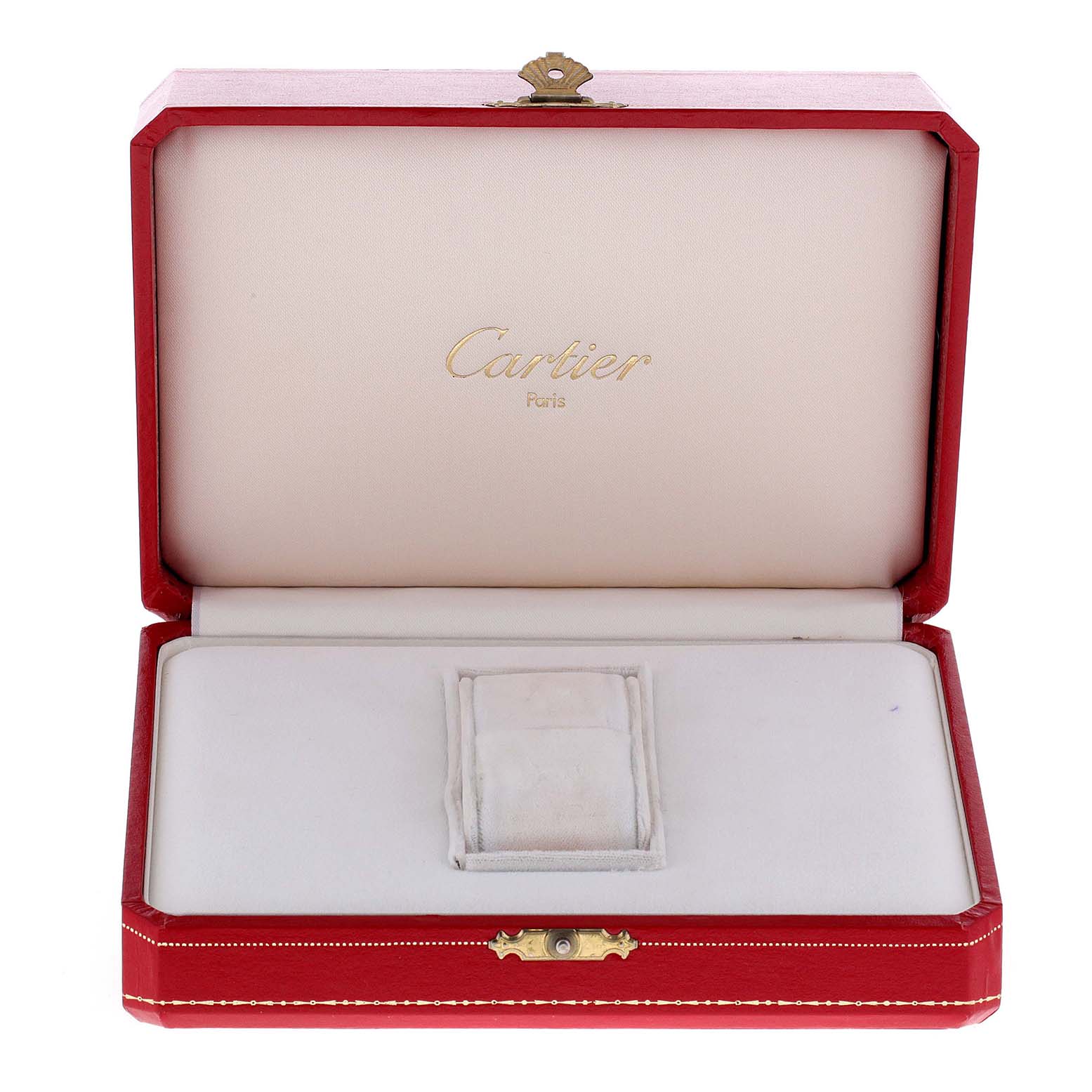 The image shows an open red Cartier watch box with a padded interior for the Tank Francaise model.