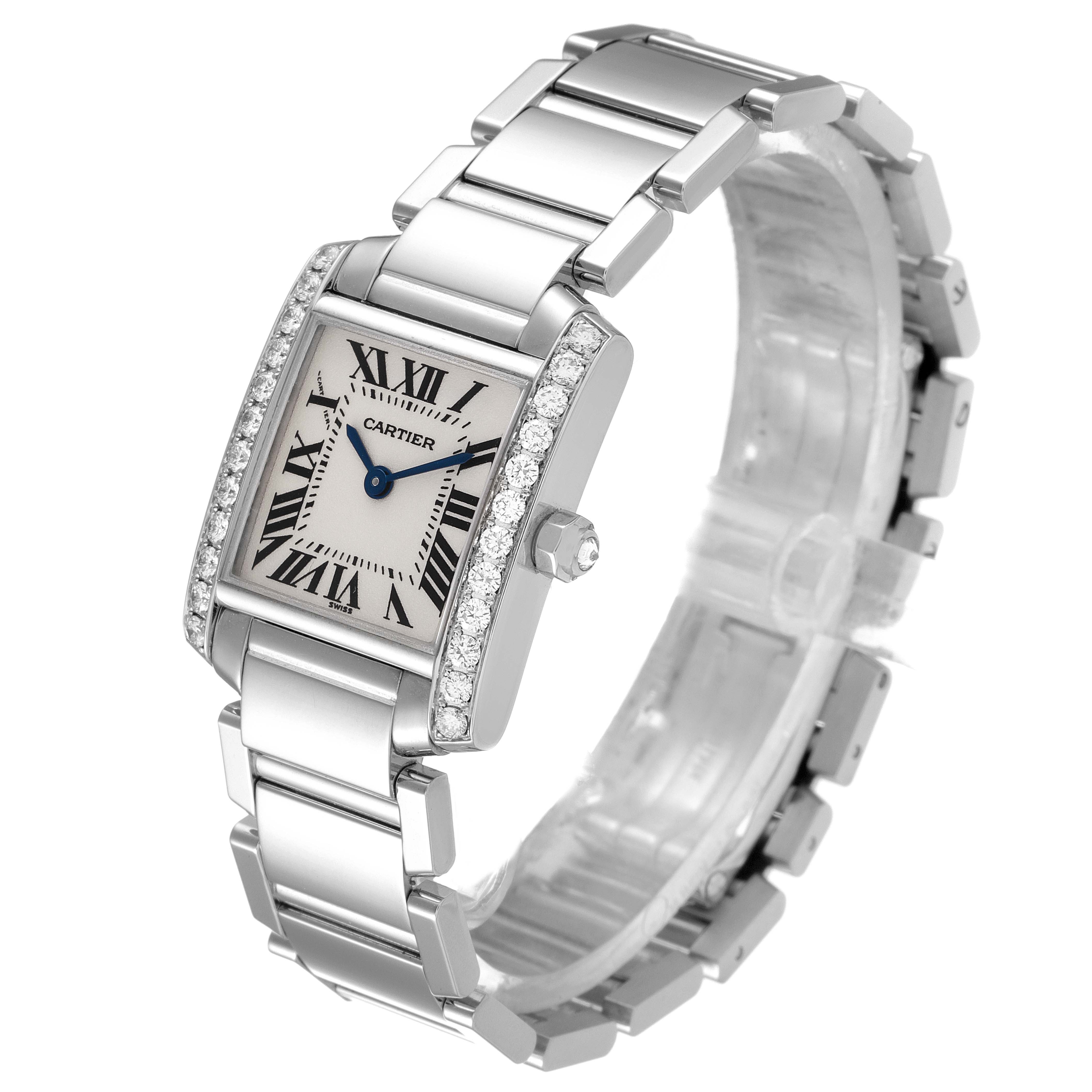 The Cartier Tank Francaise WE1002S3 Women's White Gold Silver Dial WE1002S3 Women's White Gold Silver Dial watch is shown at a three-quarter angle displaying the bracelet, diamond-studded bezel, and Roman numeral dial.