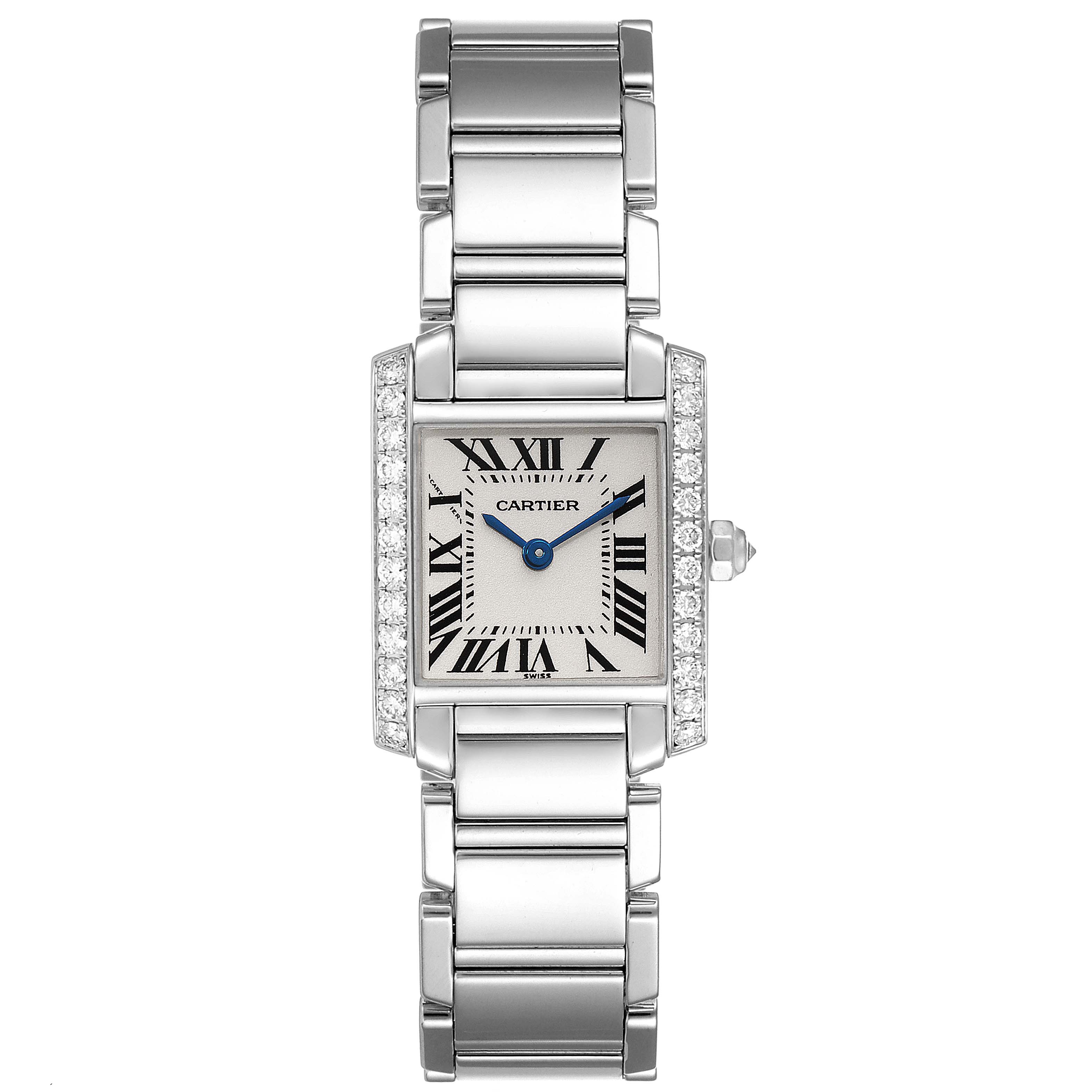 The image shows a front view of a Cartier Tank Francaise WE1002S3 Women's White Gold Silver Dial WE1002S3 Women's White Gold Silver Dial watch, highlighting its rectangular face, bracelet, and diamond-studded edges.