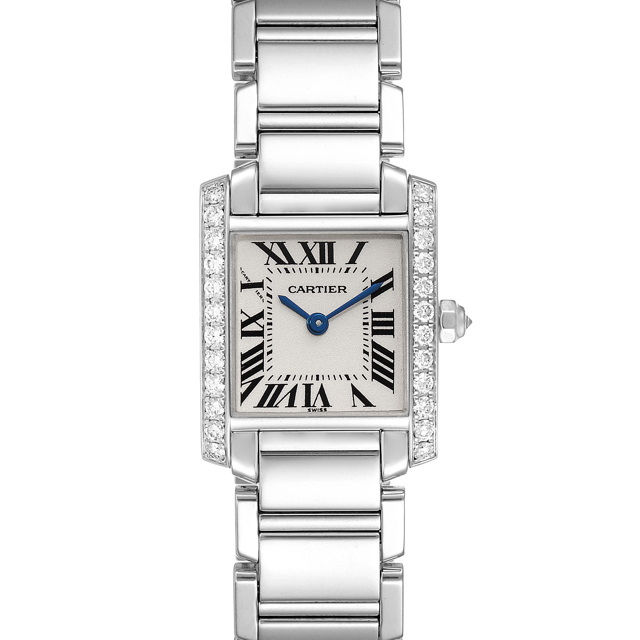 This image shows a front view of the Cartier Tank Francaise WE1002S3 Women's White Gold Silver Dial WE1002S3 Women's White Gold Silver Dial watch, highlighting its rectangular face and metal bracelet.