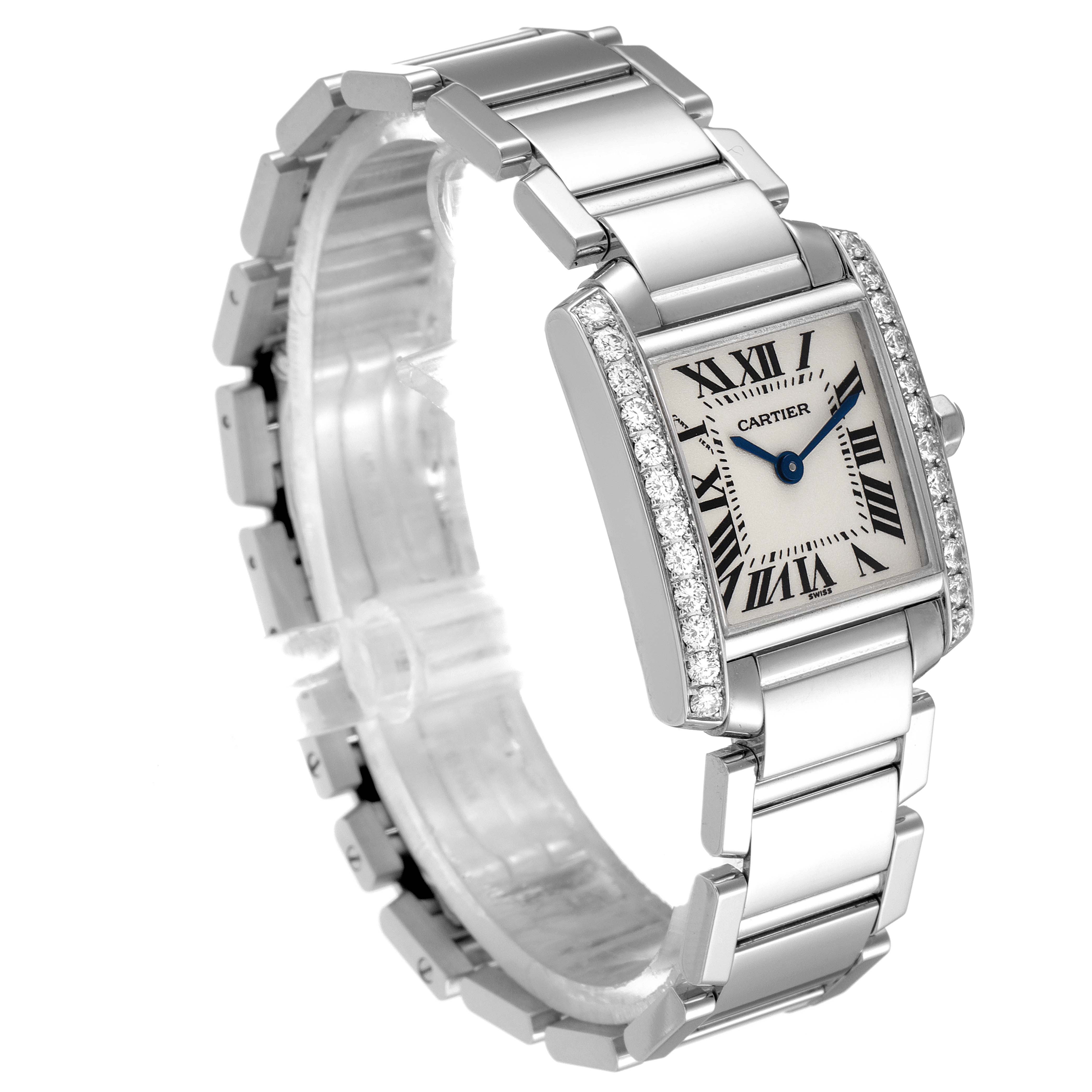 The image shows a Cartier Tank Française watch at a slight angle, highlighting its rectangular face, bracelet, and diamond accents.