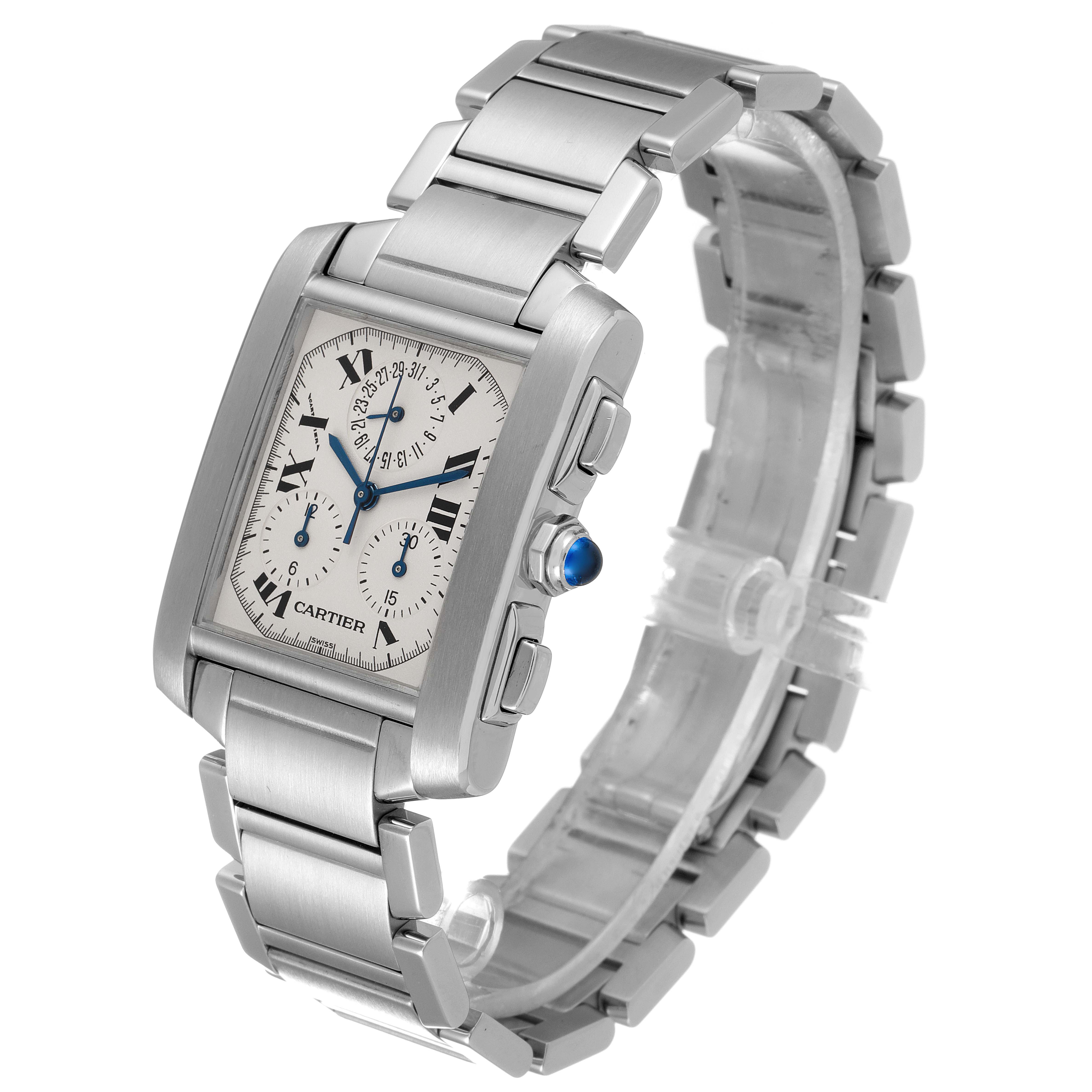 The Cartier Tank Francaise W51001Q3 Men's Stainless Steel Silver Dial W51001Q3 Men's Stainless Steel Silver Dial watch is shown from a three-quarter angle, displaying its dial, bracelet, and sides.