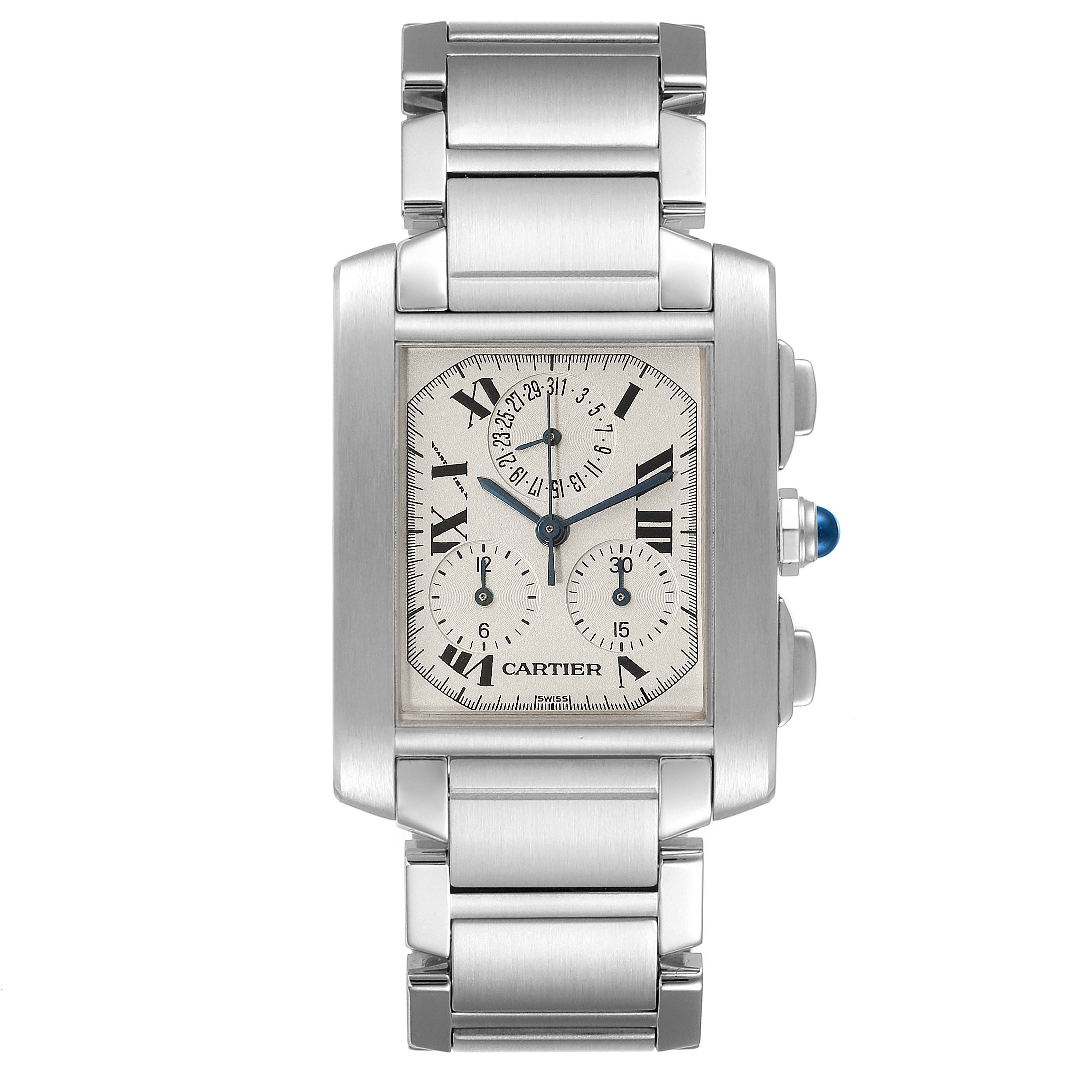 This image shows a frontal view of the Cartier Tank Francaise W51001Q3 Men's Stainless Steel Silver Dial W51001Q3 Men's Stainless Steel Silver Dial watch, detailing the face, dial, and bracelet.