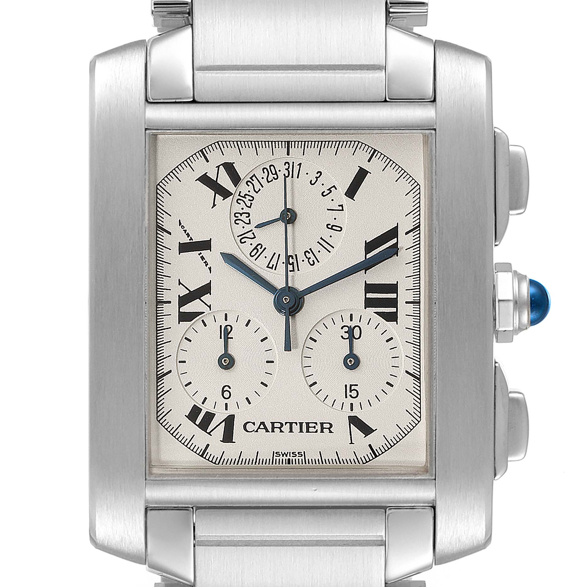 The image shows a frontal view of a Cartier Tank Française watch, highlighting its face, Roman numerals, and chronograph dials.