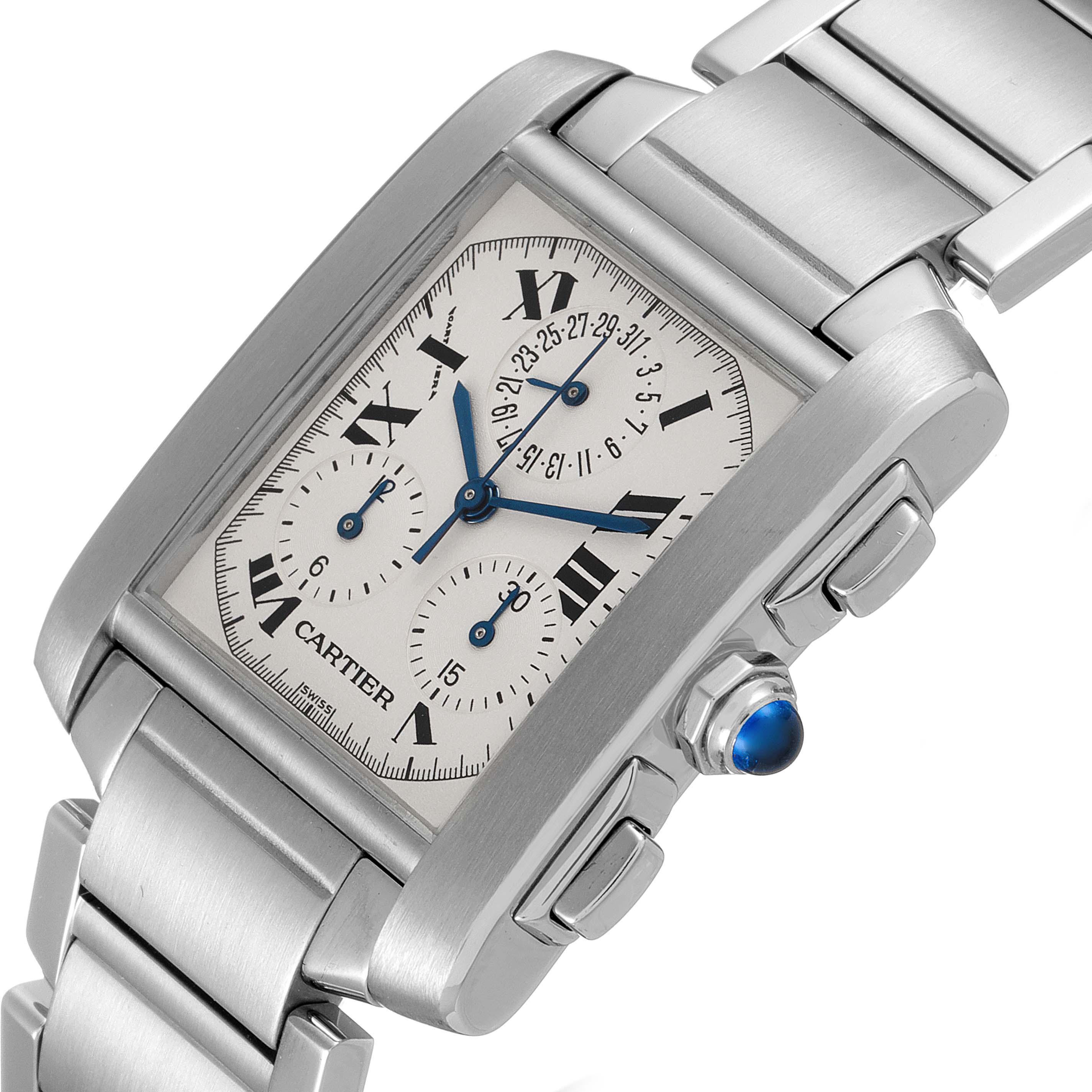 The image shows a close-up of the Cartier Tank Francaise W51001Q3 Men's Stainless Steel Silver Dial W51001Q3 Men's Stainless Steel Silver Dial watch, highlighting the face, dial, bracelet, and side crown.