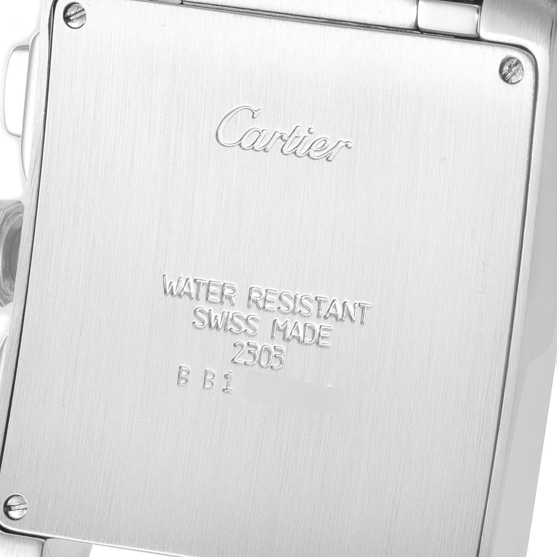 The image shows the back case of a Cartier Tank Francaise W51001Q3 Men's Stainless Steel Silver Dial W51001Q3 Men's Stainless Steel Silver Dial watch from a close-up, straight-on angle.
