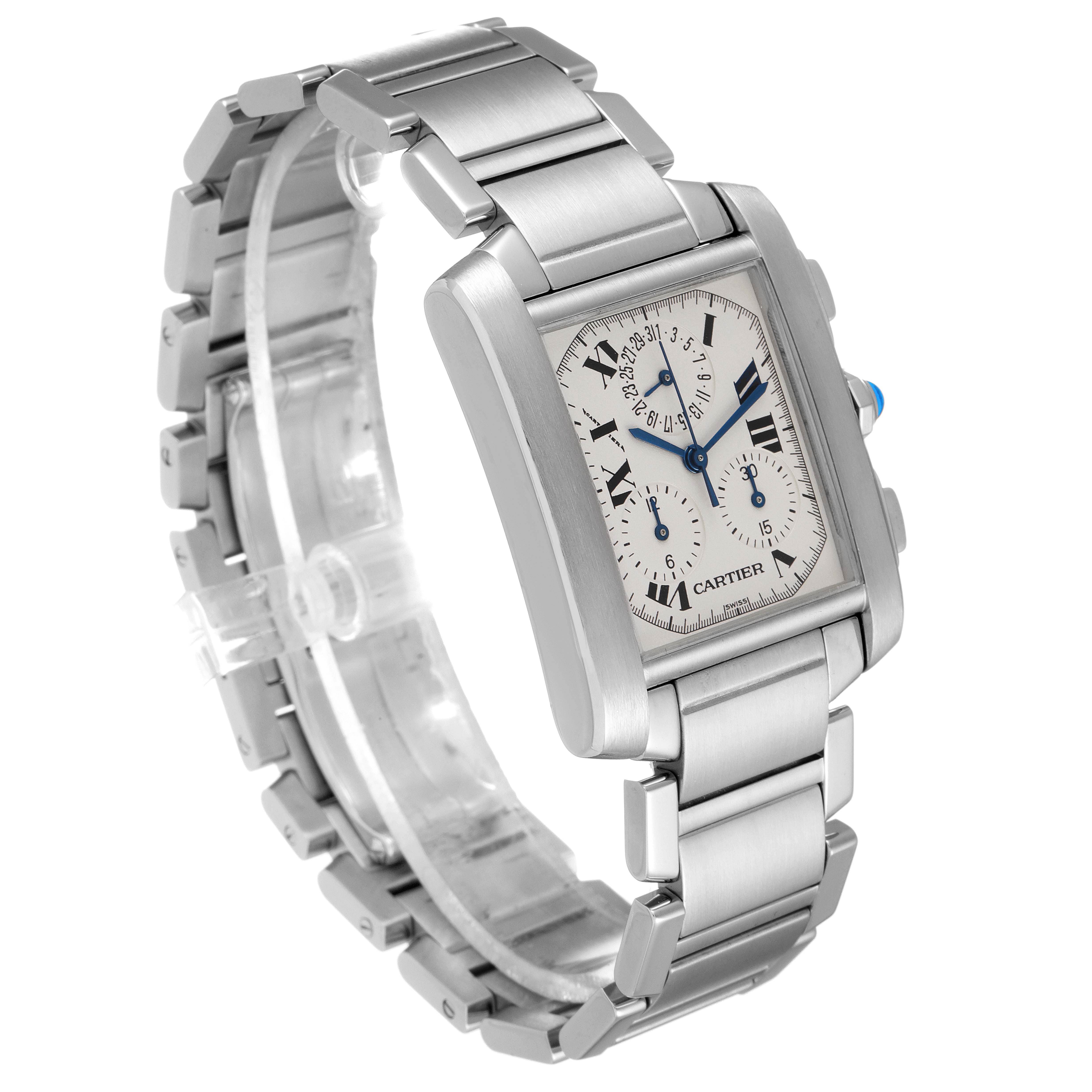 The image shows a side and front angle of the Cartier Tank Francaise W51001Q3 Men's Stainless Steel Silver Dial W51001Q3 Men's Stainless Steel Silver Dial watch, highlighting its stainless steel bracelet and rectangular dial.