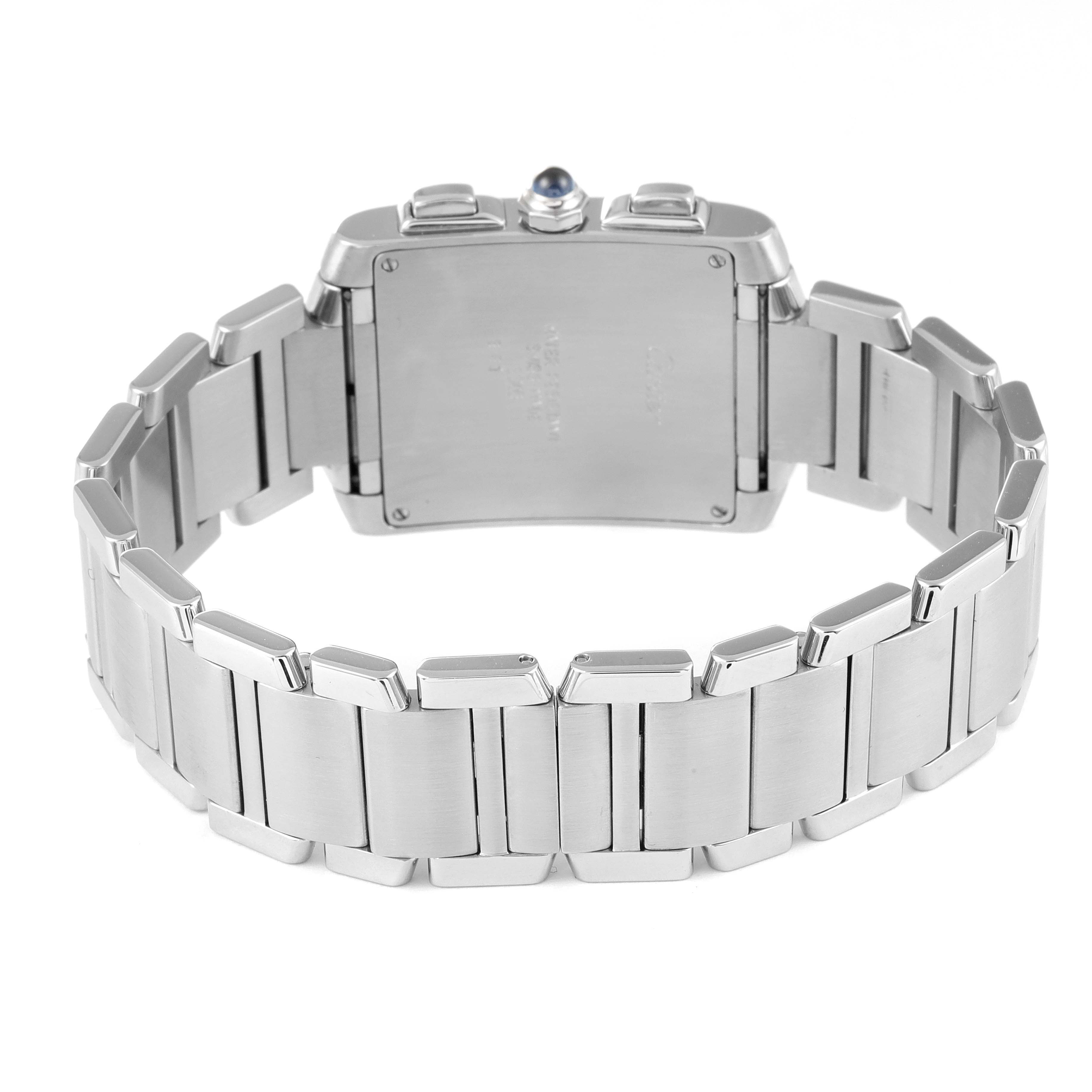 The image shows the back and bracelet of the Cartier Tank Francaise W51001Q3 Men's Stainless Steel Silver Dial W51001Q3 Men's Stainless Steel Silver Dial watch, highlighting its stainless steel links and case.