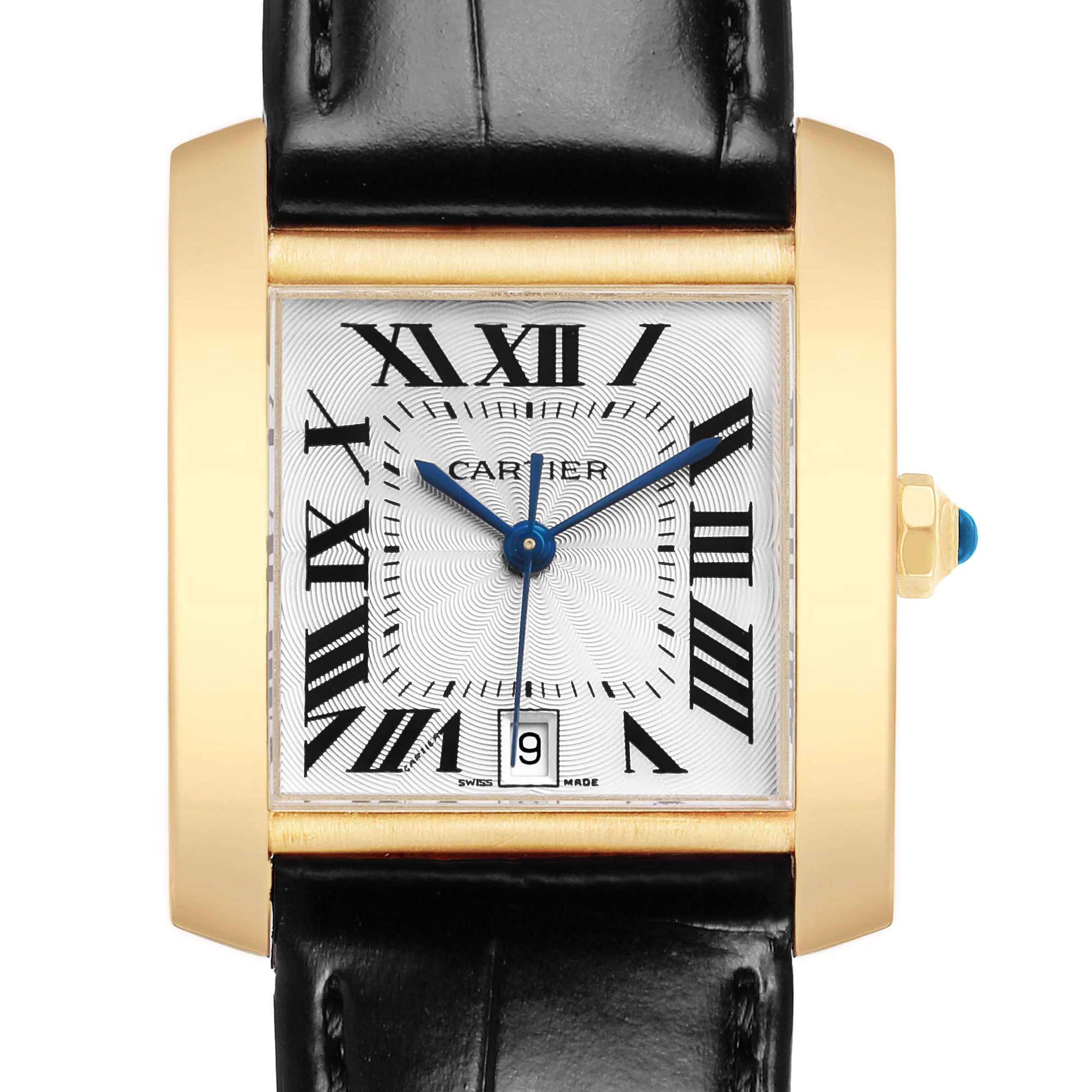 The Cartier Tank Française watch is shown from a front angle, highlighting its gold case, black leather strap, and Roman numeral dial.