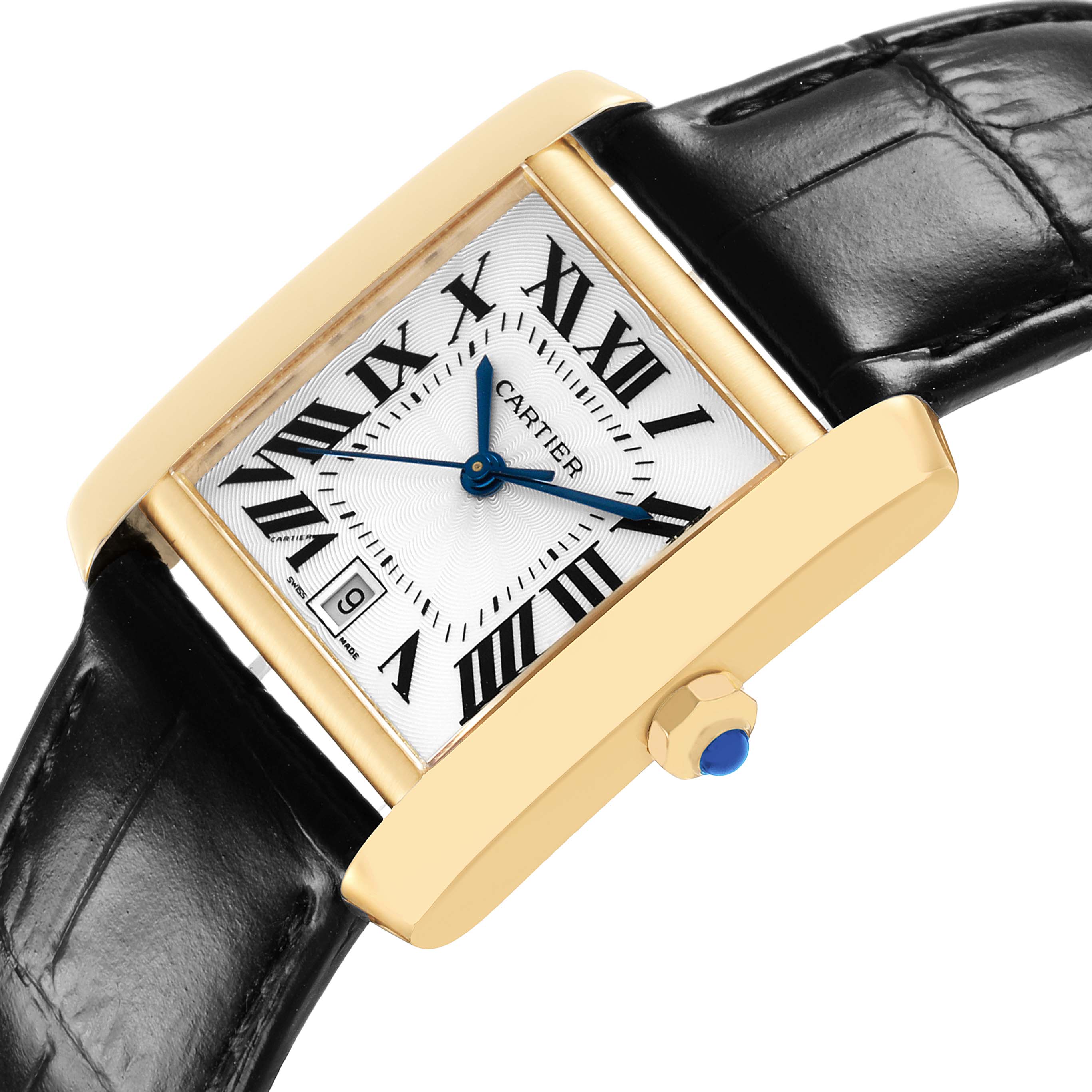 The Cartier Tank Francaise W5000156 Men's Yellow Gold Silver Dial watch is shown at an angled close-up, highlighting its gold case, crown, and black leather strap.