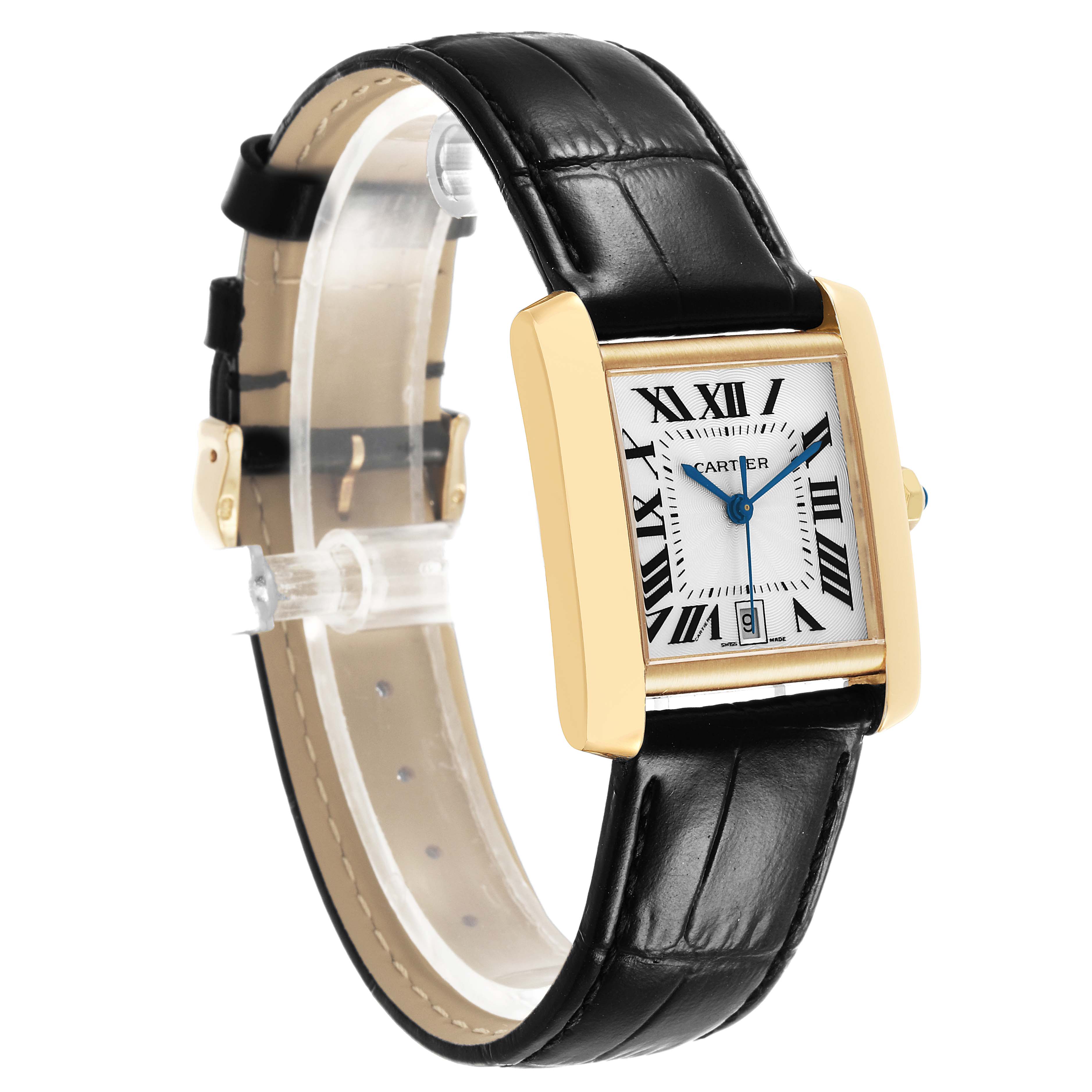 The Cartier Tank Francaise W5000156 Men's Yellow Gold Silver Dial watch is shown at a three-quarter angle, highlighting its rectangular face, Roman numerals, and leather strap.