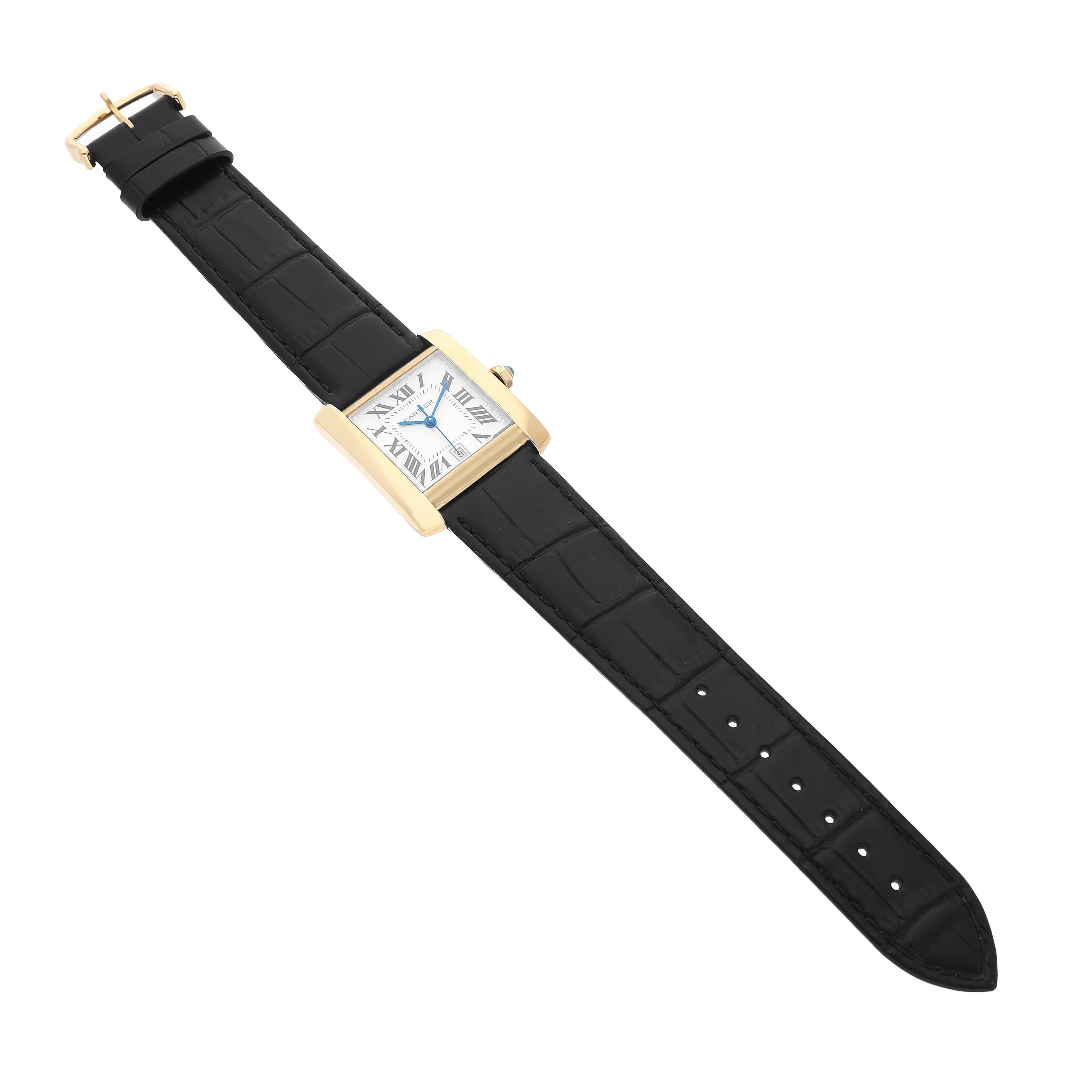 The Cartier Tank Française watch is shown at a slight angle highlighting the face, case, and black strap with buckle.