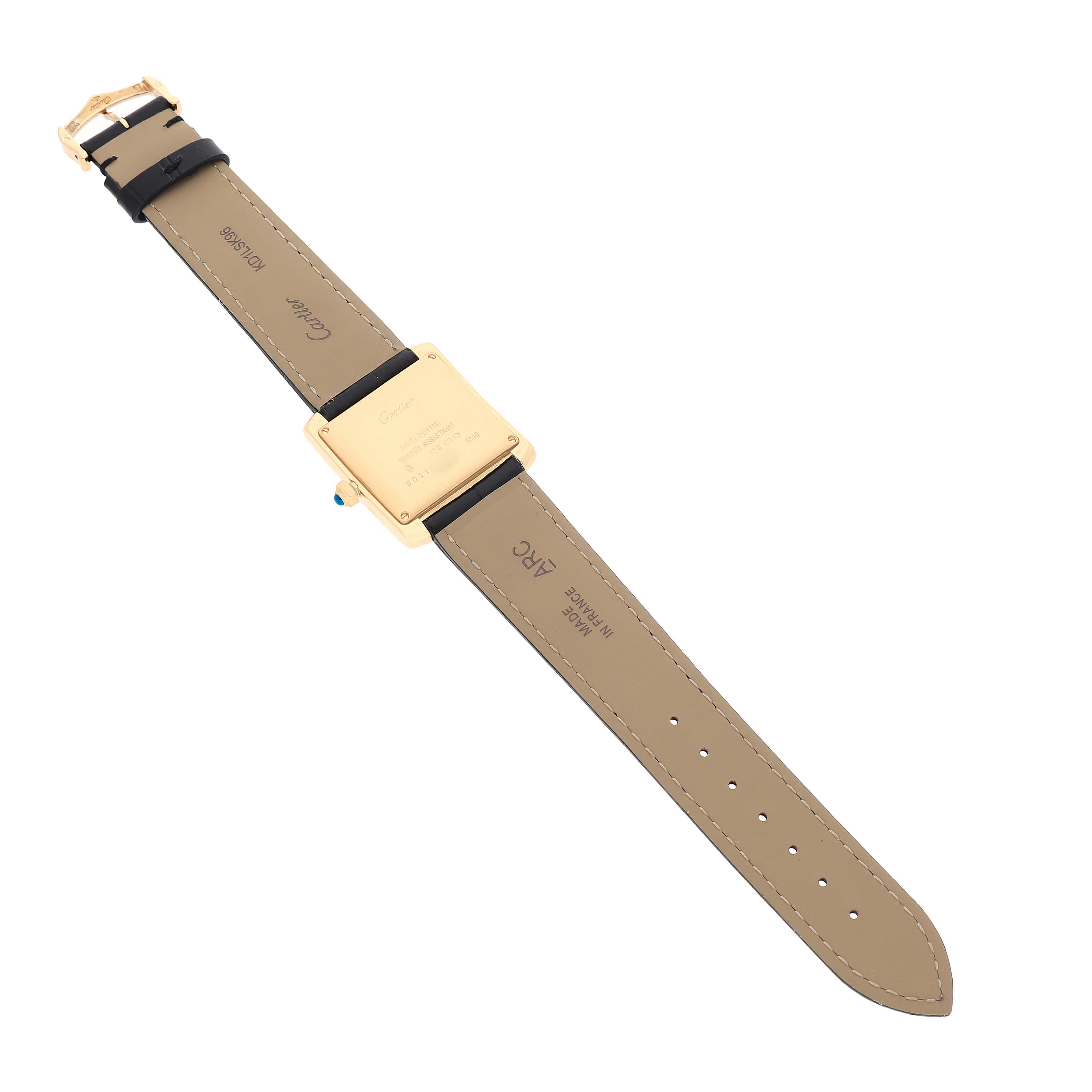 The image shows the back of a Cartier Tank Française watch, highlighting its strap and case back.