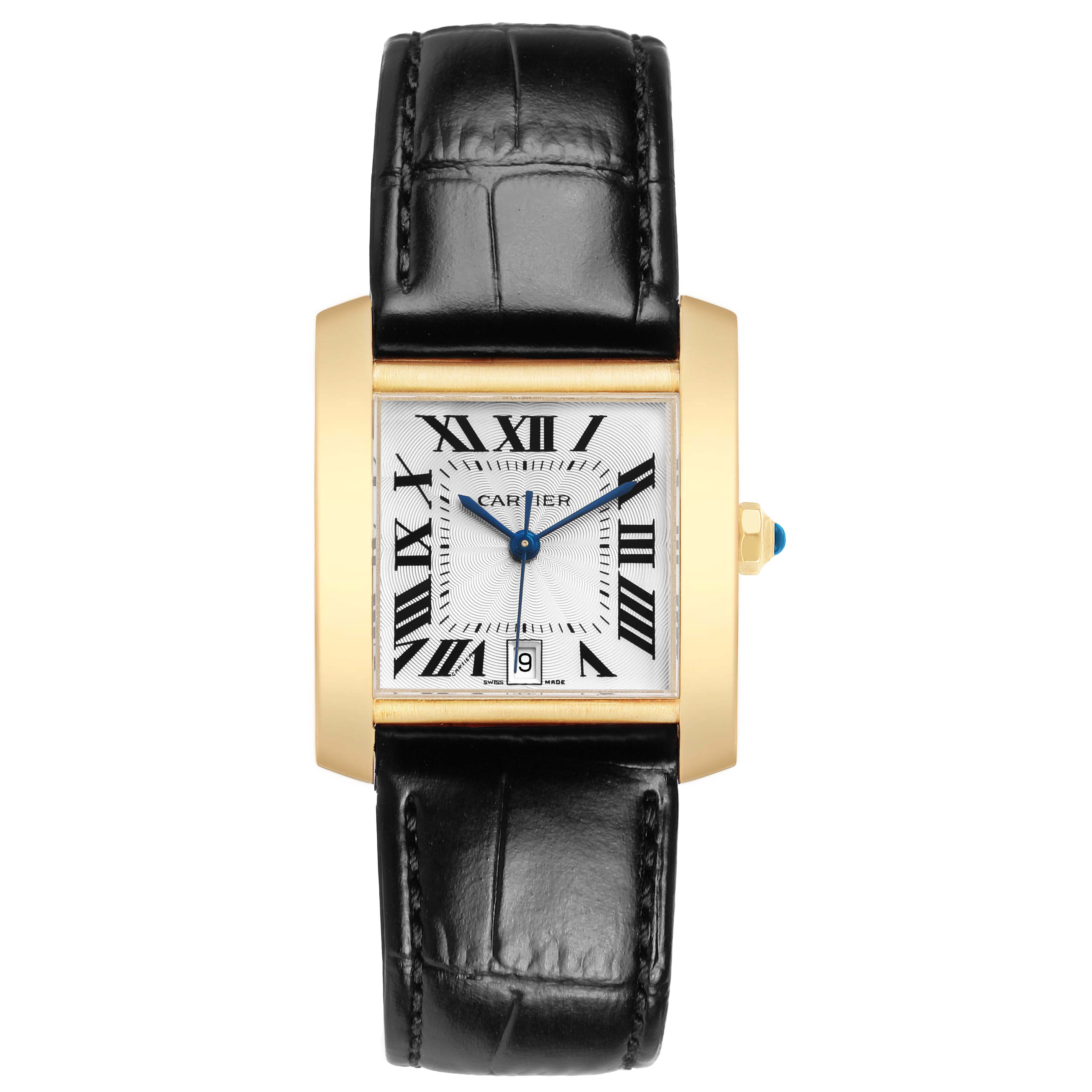 The Cartier Tank Française watch is shown from a top-down angle, displaying its rectangular dial, Roman numerals, and leather strap.