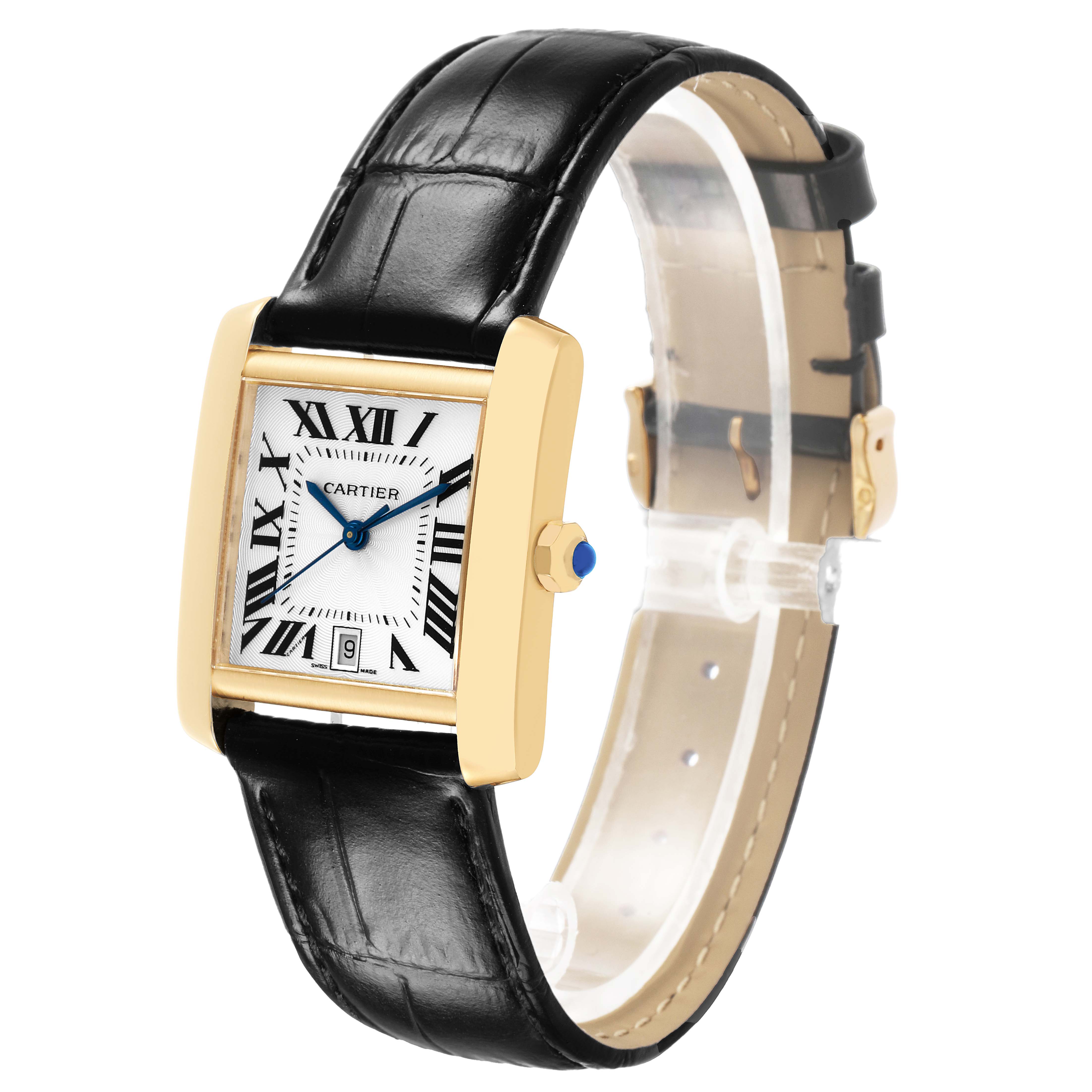 The Cartier Tank Française watch is shown at an angle displaying the face, bezel, crown, and leather strap.