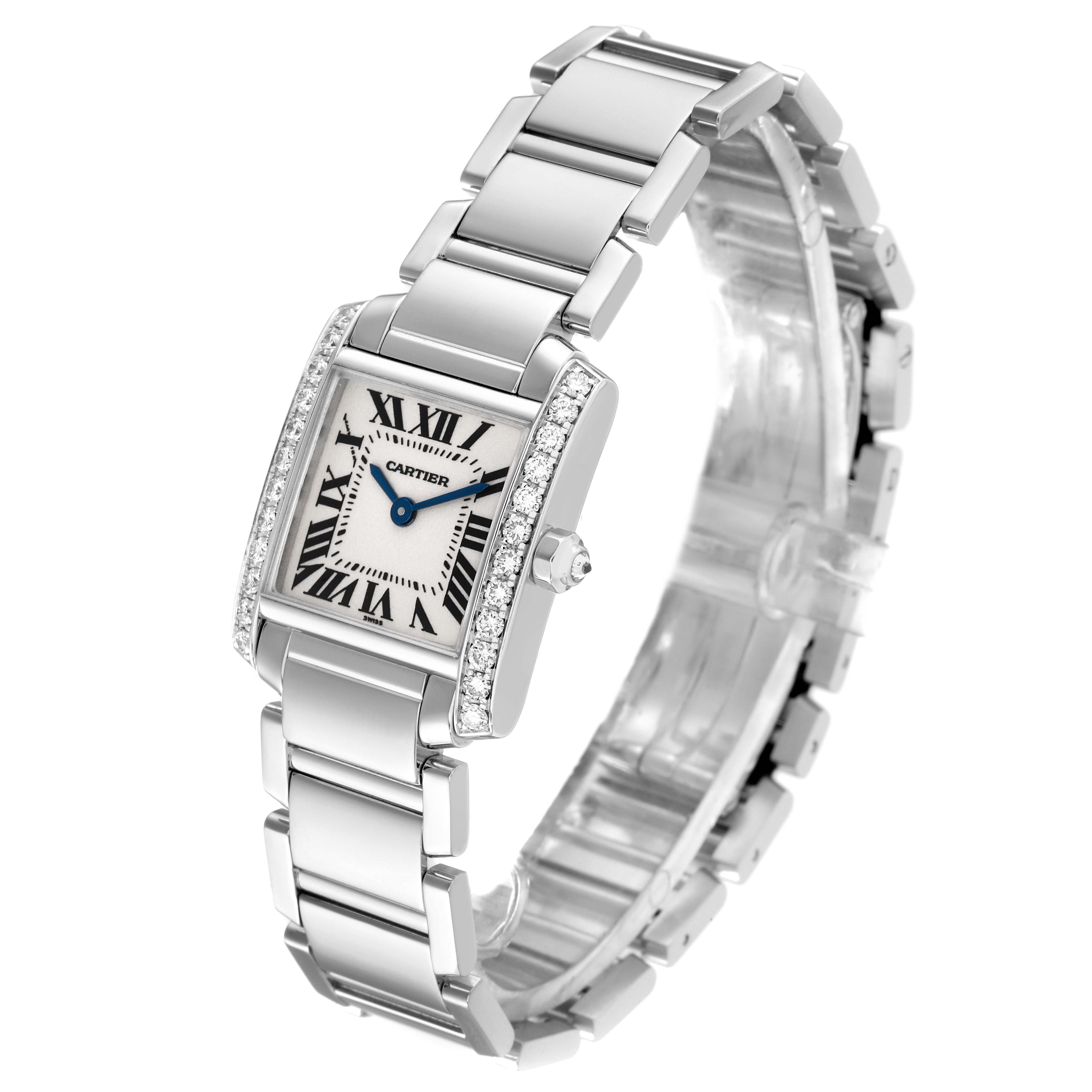 The image shows a Tank Française by Cartier at an angled view, displaying its rectangular face, bracelet, and diamond accents.