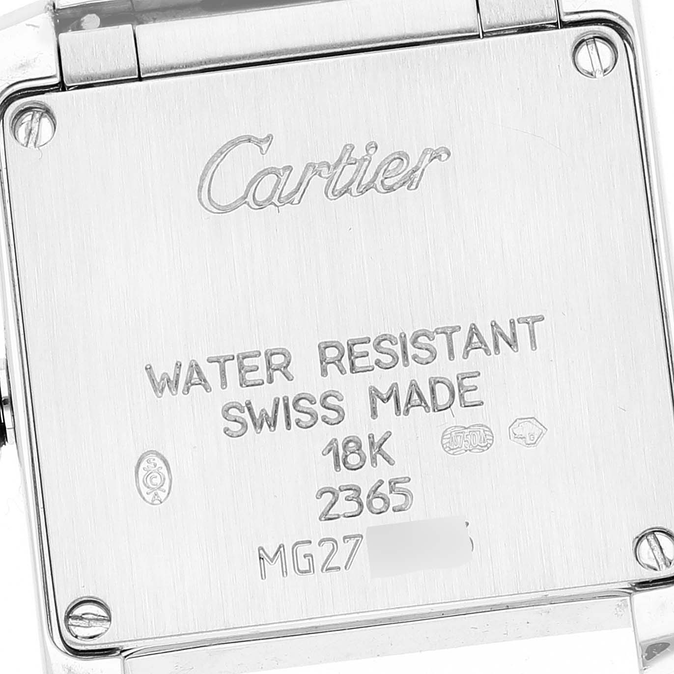 The image shows the back case of a Cartier Tank Francaise WE1002S3 Women's White Gold Silver Dial WE1002S3 Women's White Gold Silver Dial watch, highlighting its engravings including "Cartier" and specifications.