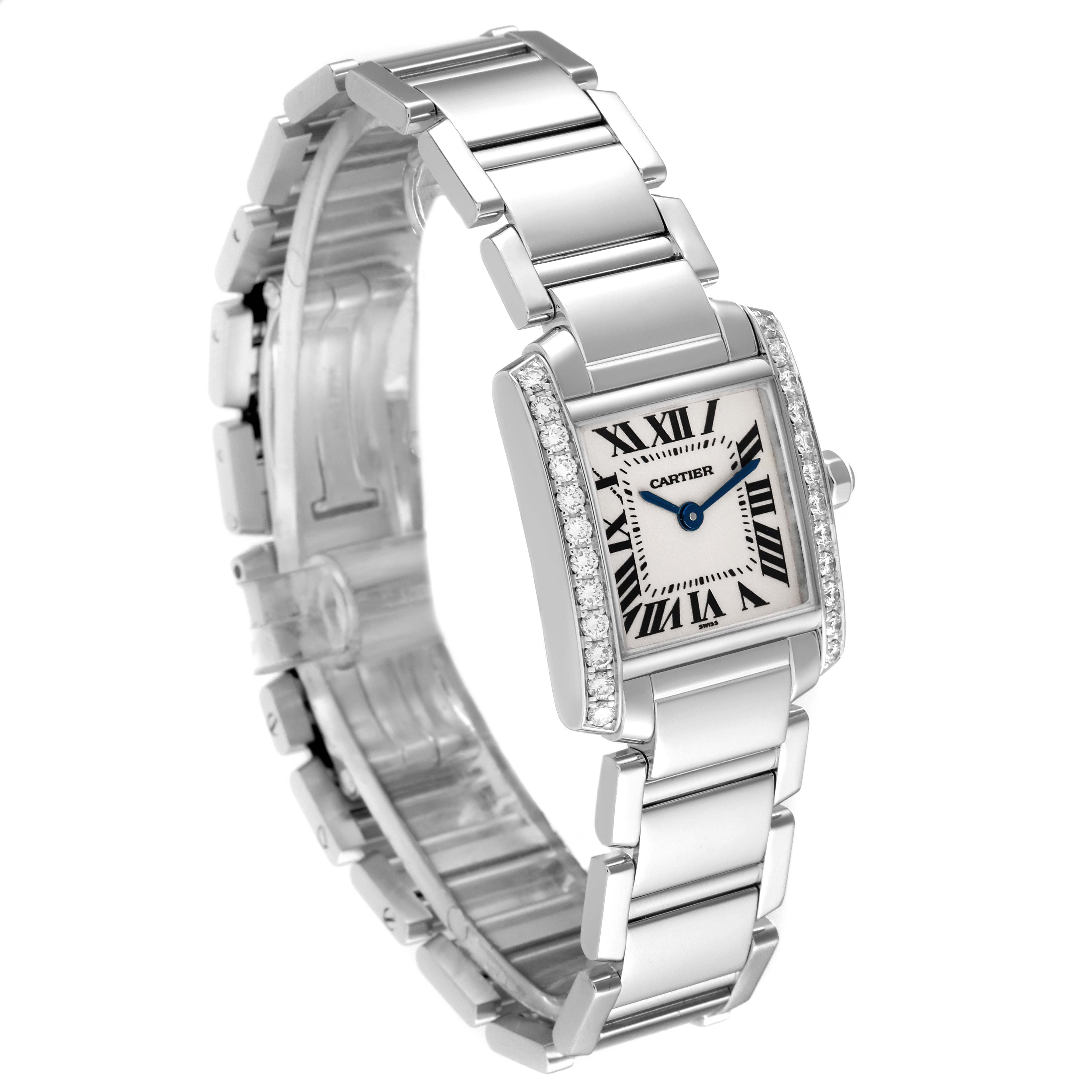 The Cartier Tank Francaise WE1002S3 Women's White Gold Silver Dial WE1002S3 Women's White Gold Silver Dial watch is shown at a three-quarter angle, highlighting the face, bezel, and bracelet.