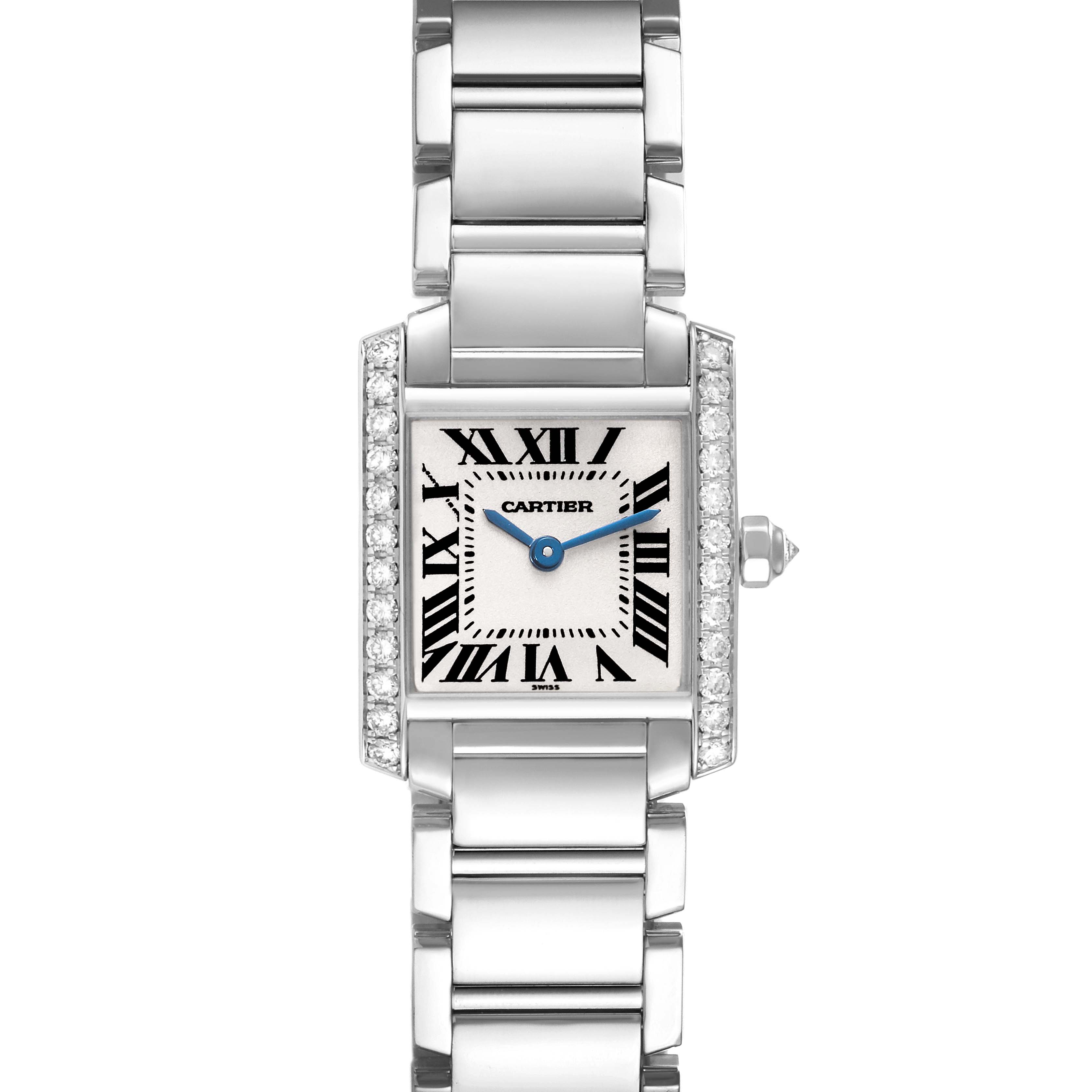 The image shows a front view of the Cartier Tank Francaise WE1002S3 Women's White Gold Silver Dial WE1002S3 Women's White Gold Silver Dial watch, highlighting its face, bracelet, and diamond accents.