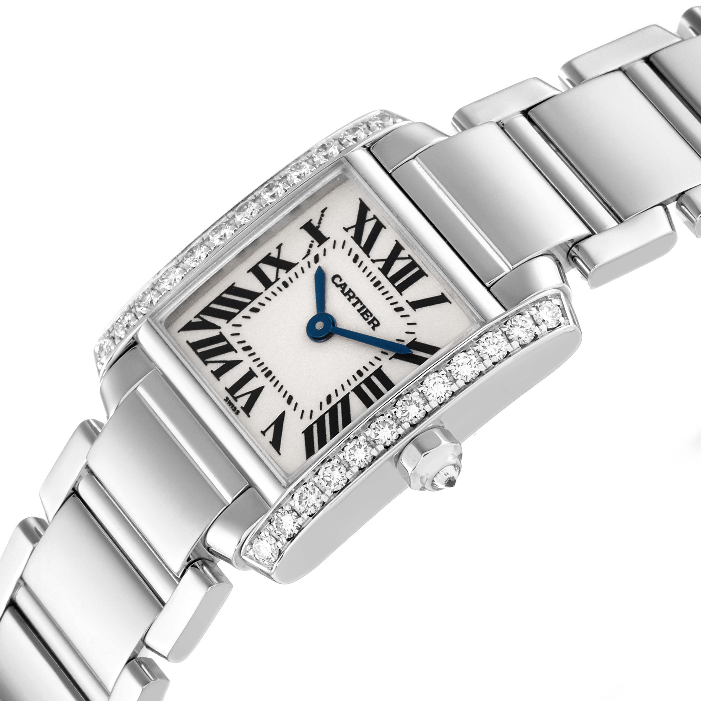 The image shows a Cartier Tank Francaise WE1002S3 Women's White Gold Silver Dial WE1002S3 Women's White Gold Silver Dial watch at an oblique angle, highlighting its diamond bezel, roman numeral dial, and metal bracelet.