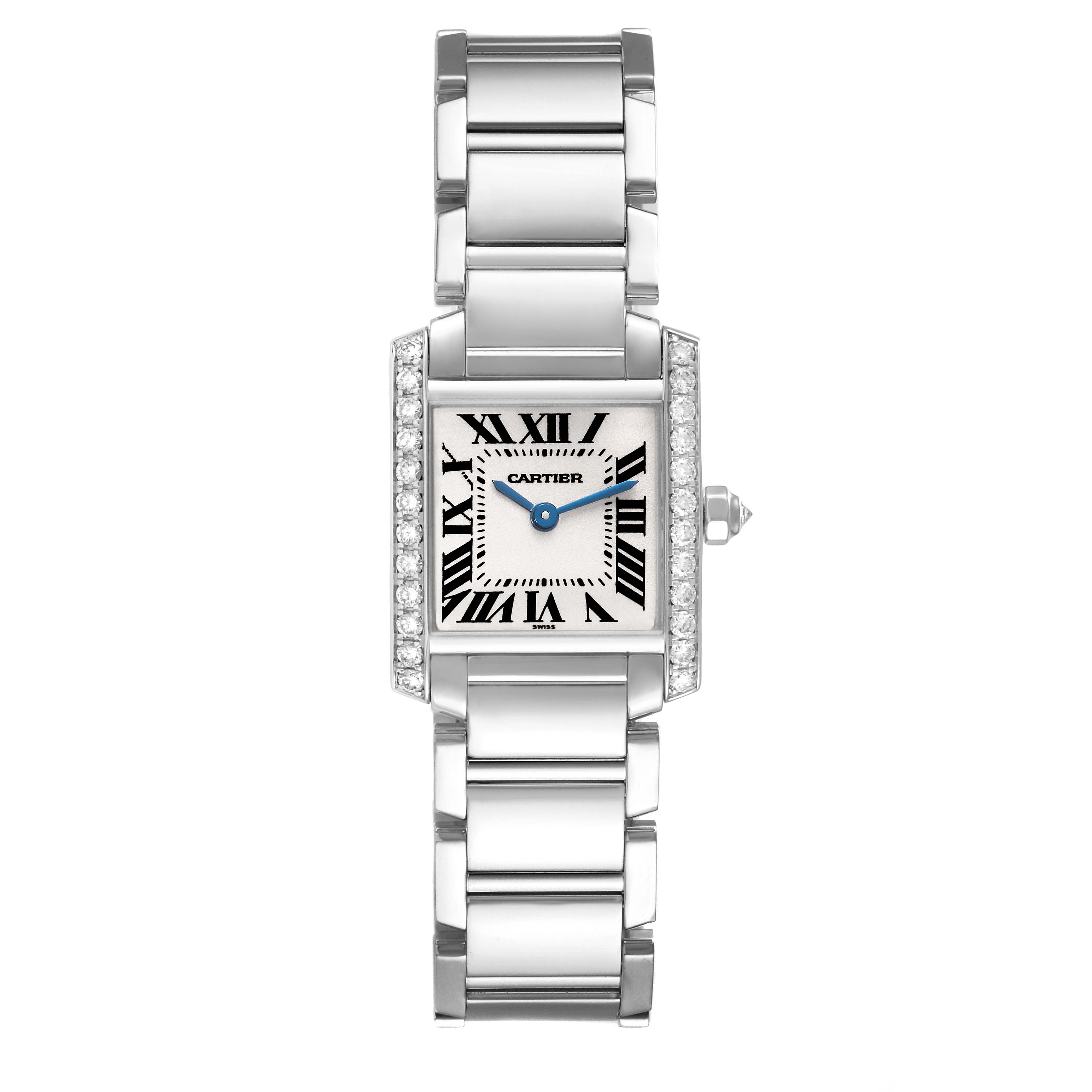 The image shows a Cartier Tank Francaise WE1002S3 Women's White Gold Silver Dial WE1002S3 Women's White Gold Silver Dial watch from a front angle, highlighting the face, band, and case embellishments.