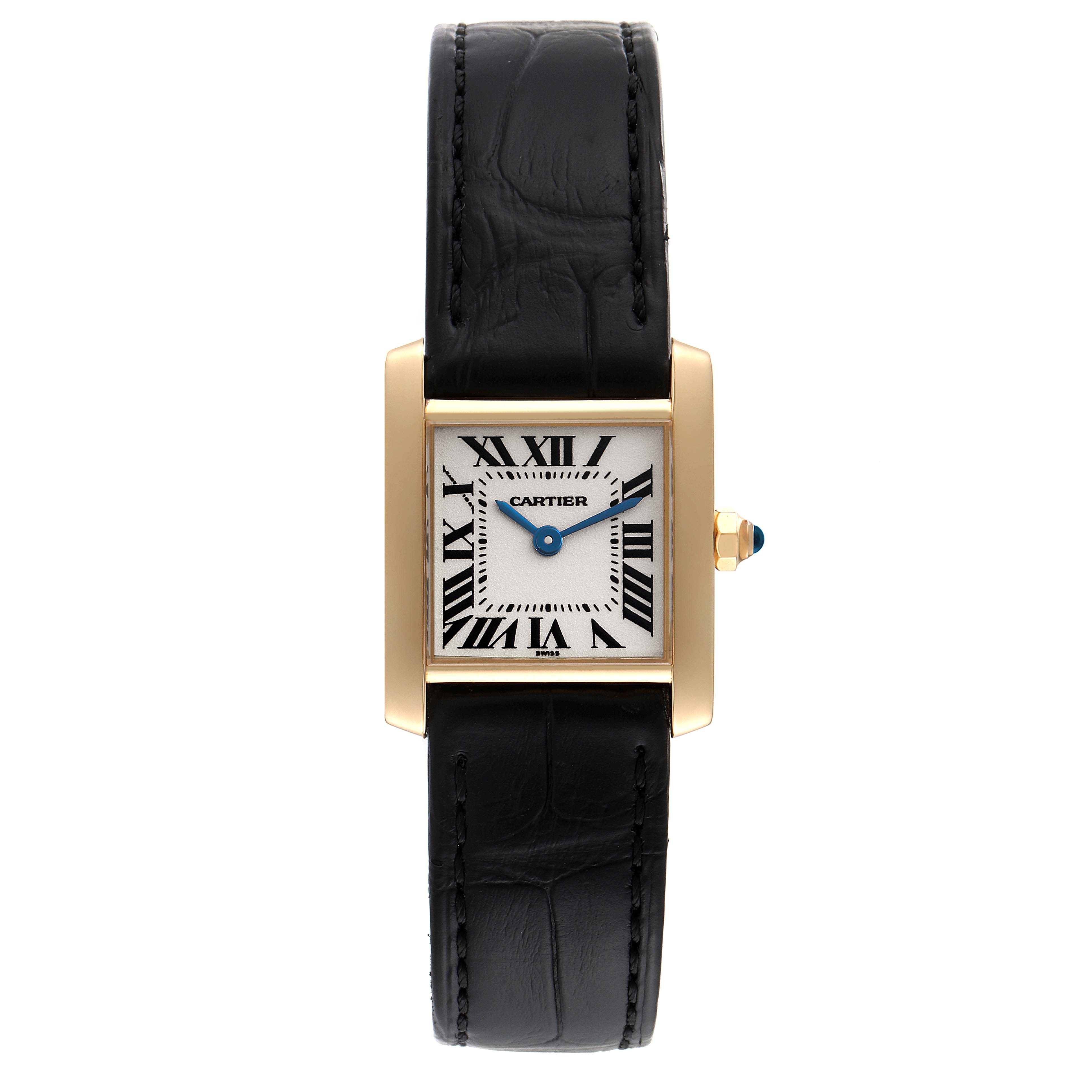 The image shows a full front view of a Cartier Tank Francaise W5000256 Women's Yellow Gold Silver Dial W5000256 Women's Yellow Gold Silver Dial watch, highlighting its rectangular face and black leather strap.