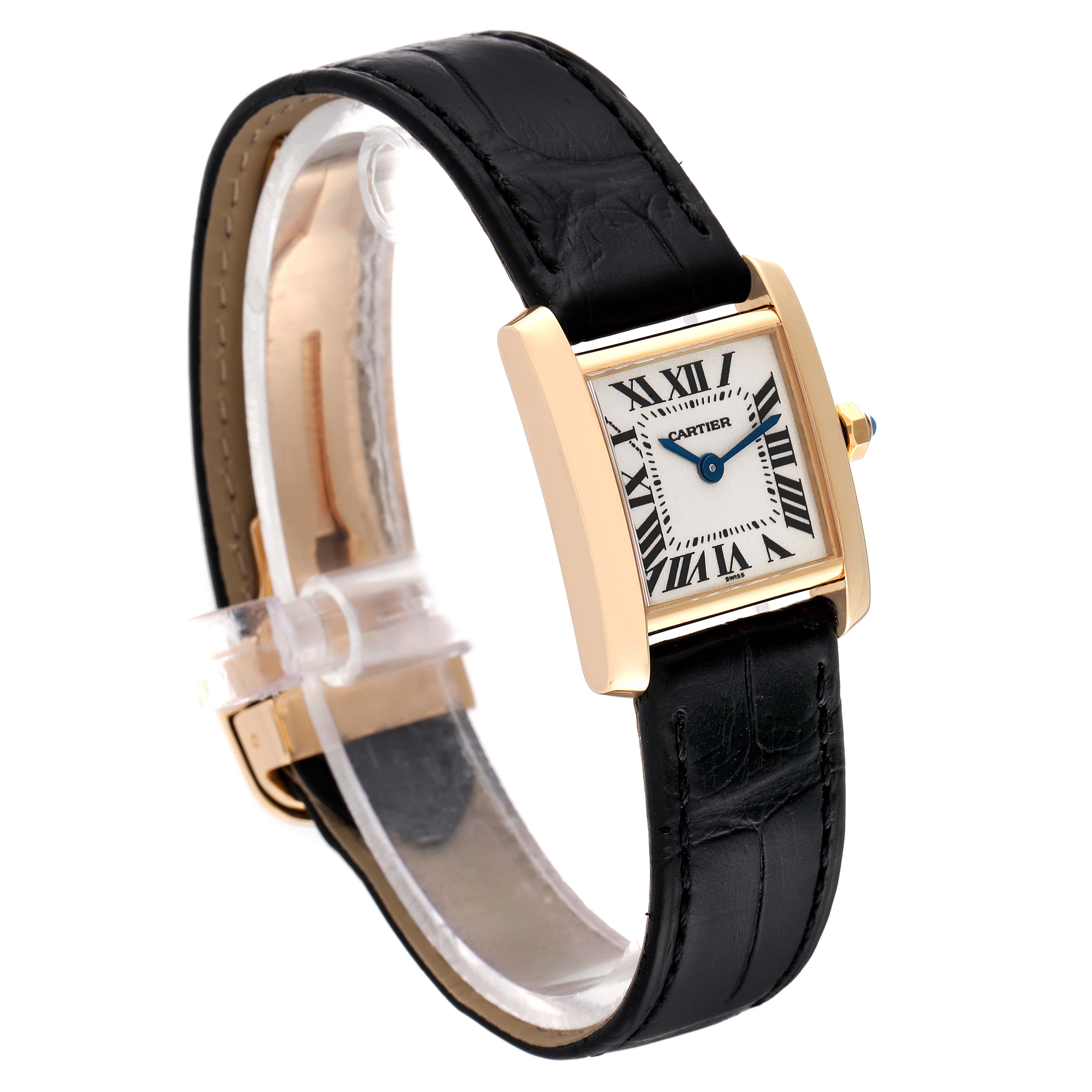 The image shows a side angle of the Cartier Tank Francaise W5000256 Women's Yellow Gold Silver Dial W5000256 Women's Yellow Gold Silver Dial watch, featuring its leather strap and rectangular face with Roman numerals.