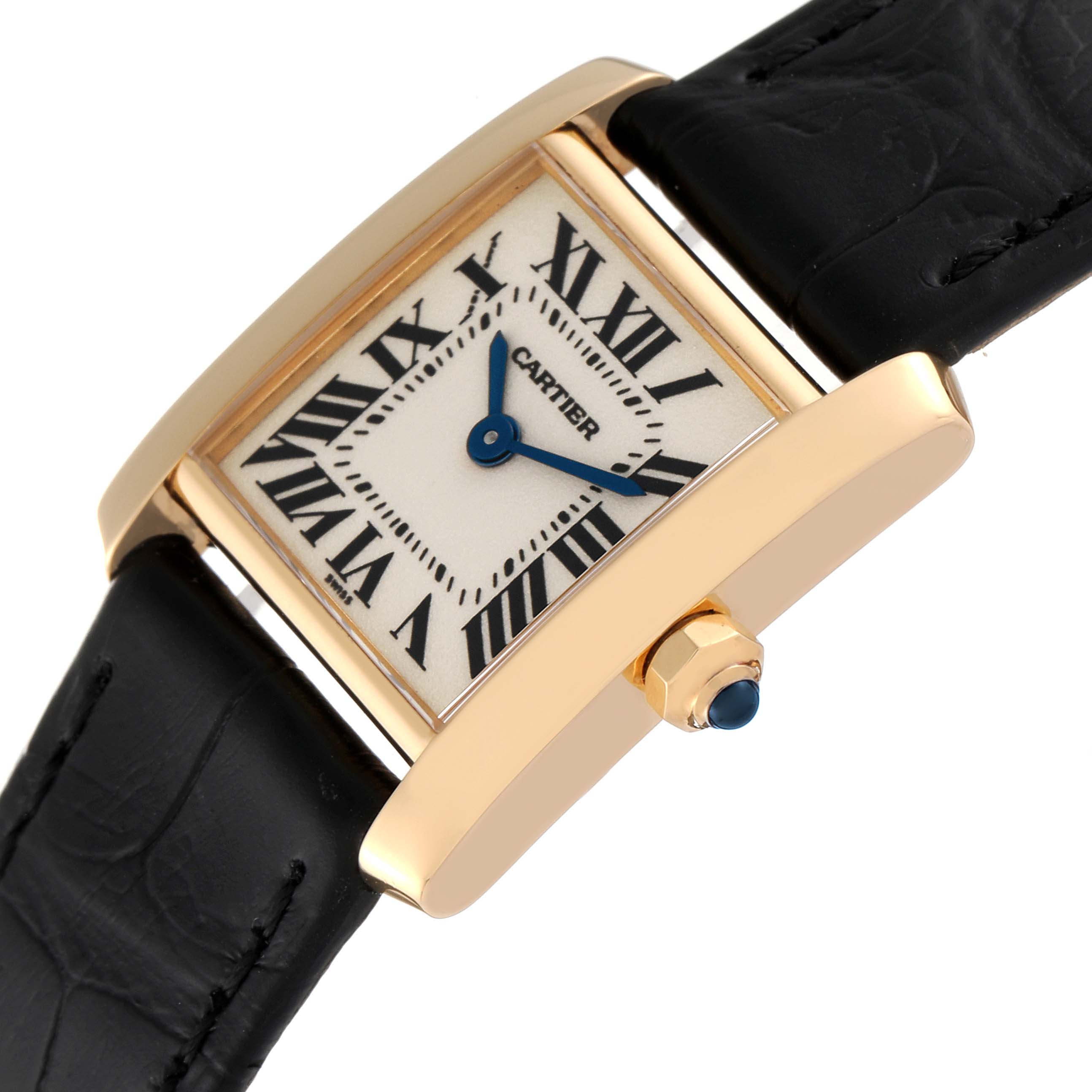 The image shows a close-up angled view of the Cartier Tank Française watch face and crown, along with part of its black strap.