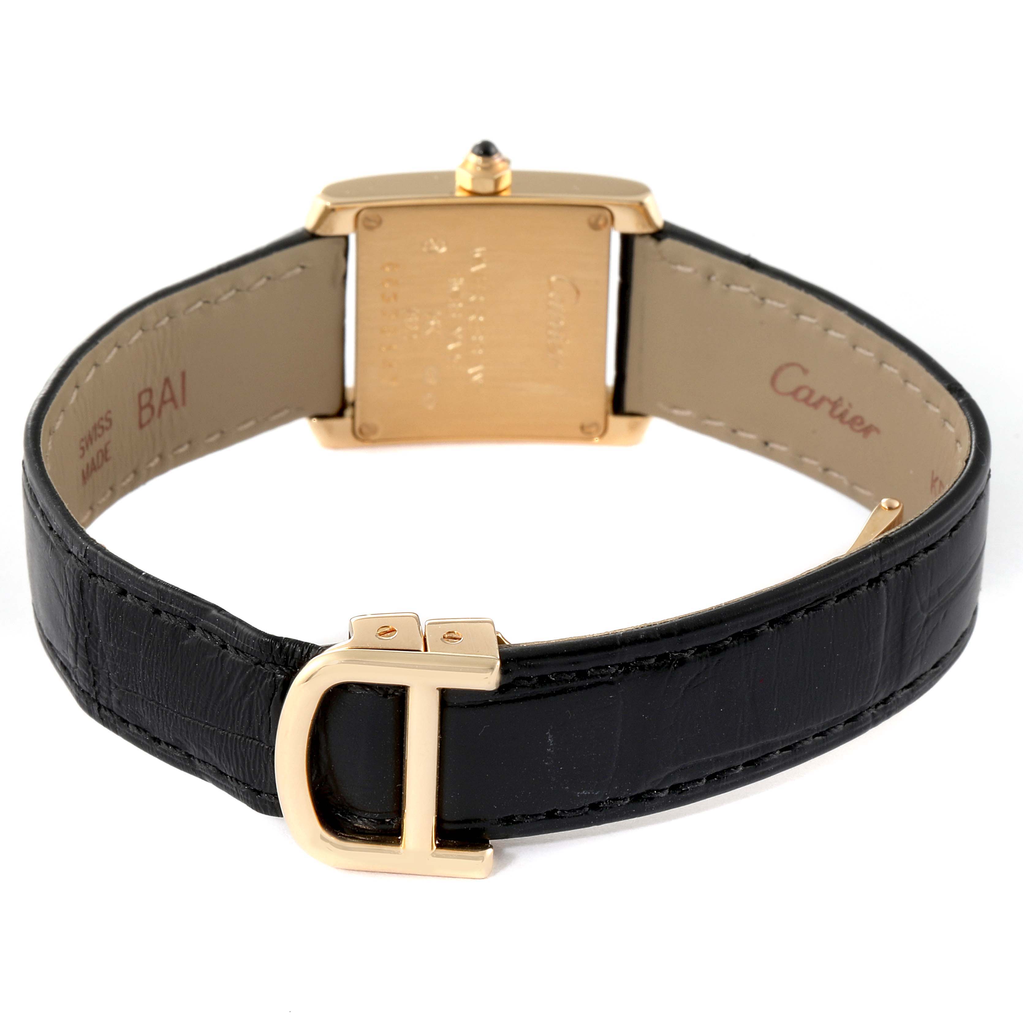 This image shows the back and clasp of a Tank Française watch by Cartier at an angle that highlights the strap and case.