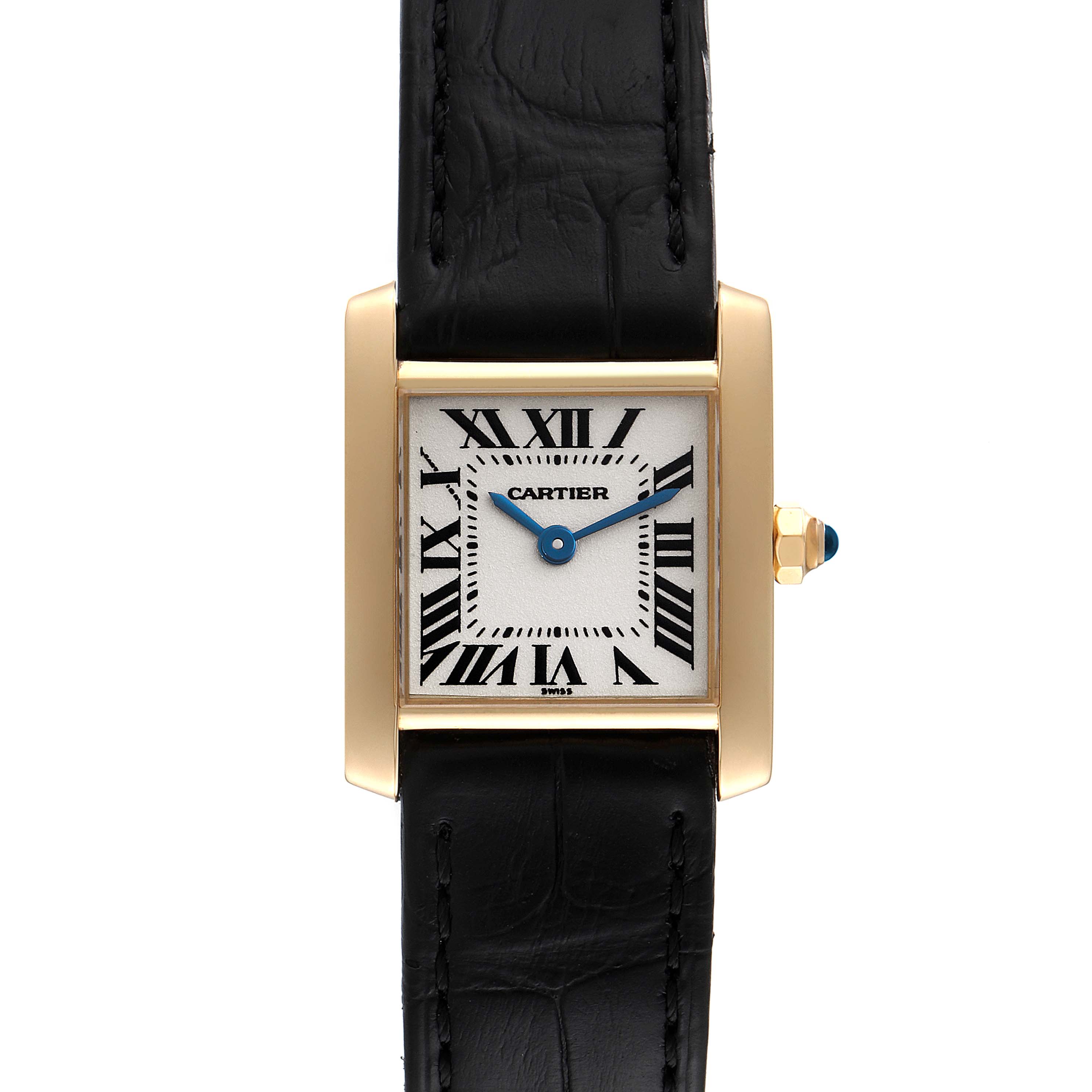 The Cartier Tank Francaise W5000256 Women's Yellow Gold Silver Dial W5000256 Women's Yellow Gold Silver Dial watch is shown from a front angle, highlighting its gold case, white dial, black leather strap, and blue hands.