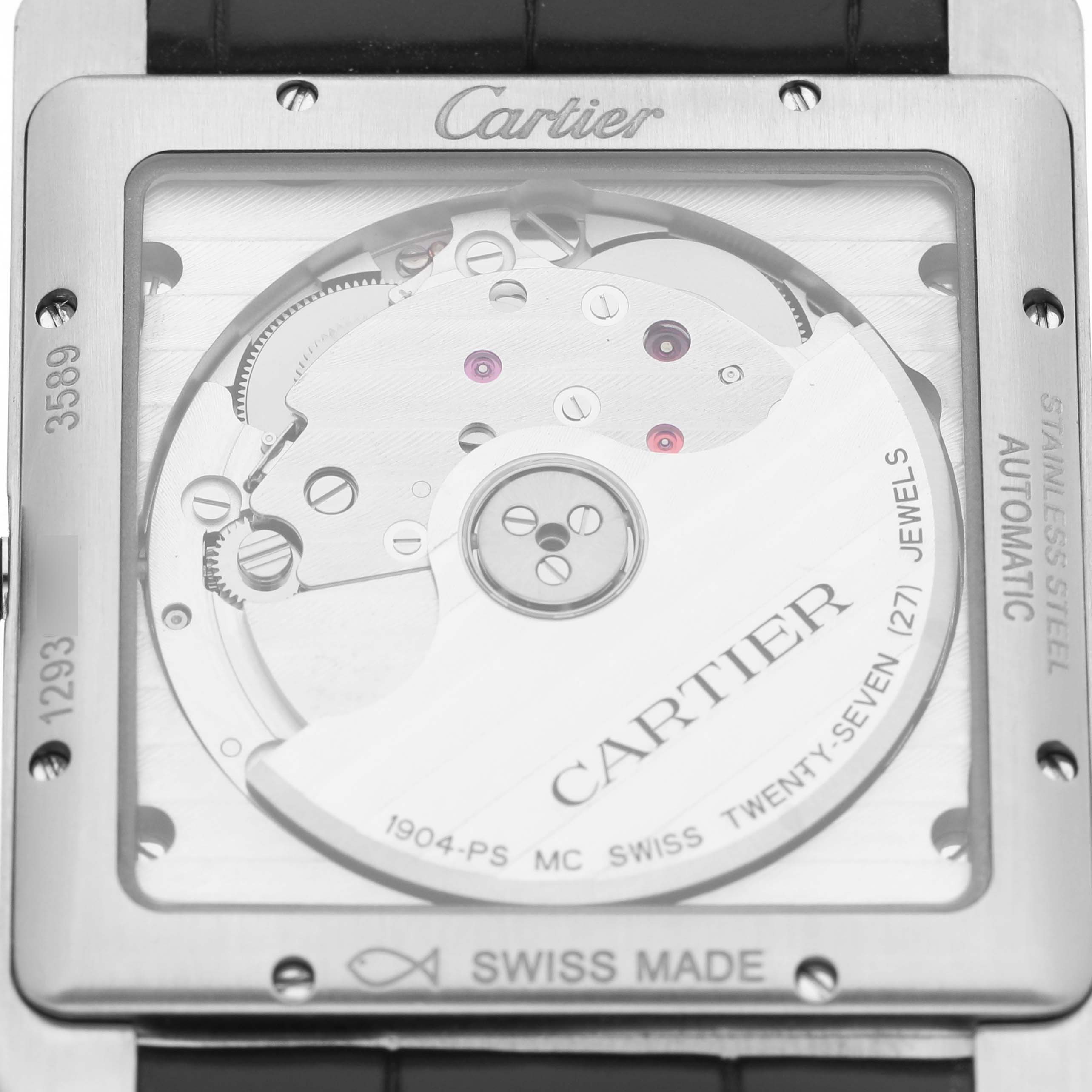 The image shows the back view of the Cartier Tank MC W5330003 Men's Stainless Steel Black Dial watch, highlighting the automatic movement and internal mechanics.