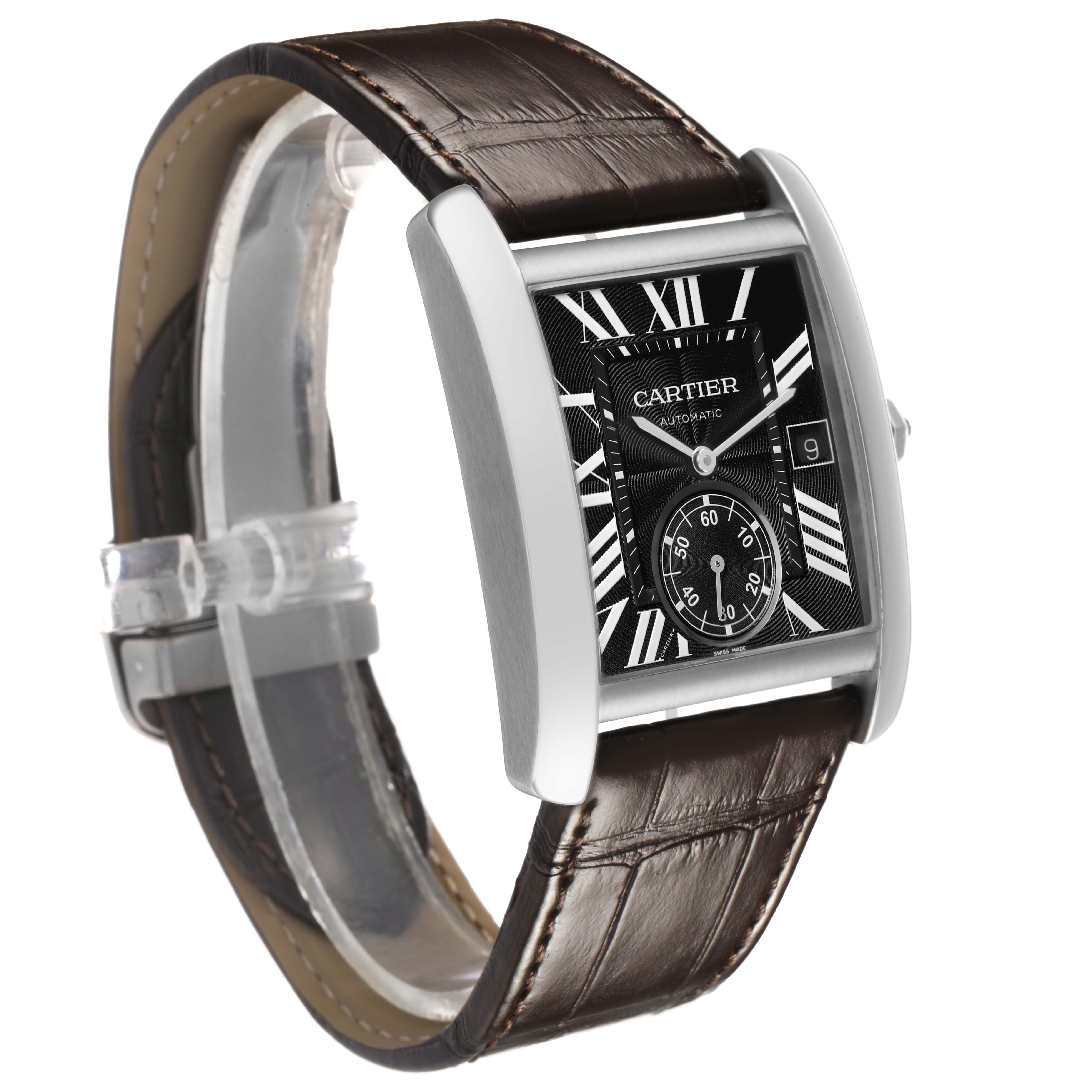 The Cartier Tank MC W5330003 Men's Stainless Steel Black Dial watch is angled to show the dial, case, and leather strap in a three-quarter view.