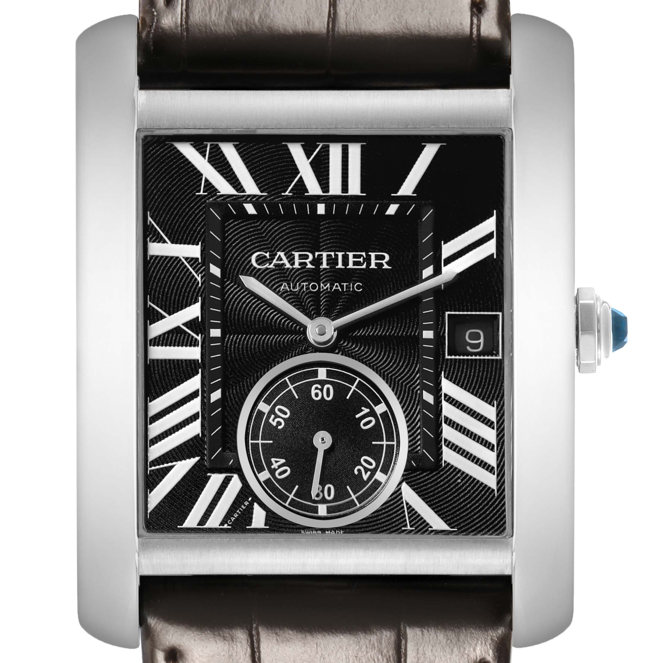 The Cartier Tank MC W5330003 Men's Stainless Steel Black Dial watch is shown from a front view, displaying the dial, hands, crown, and strap details.