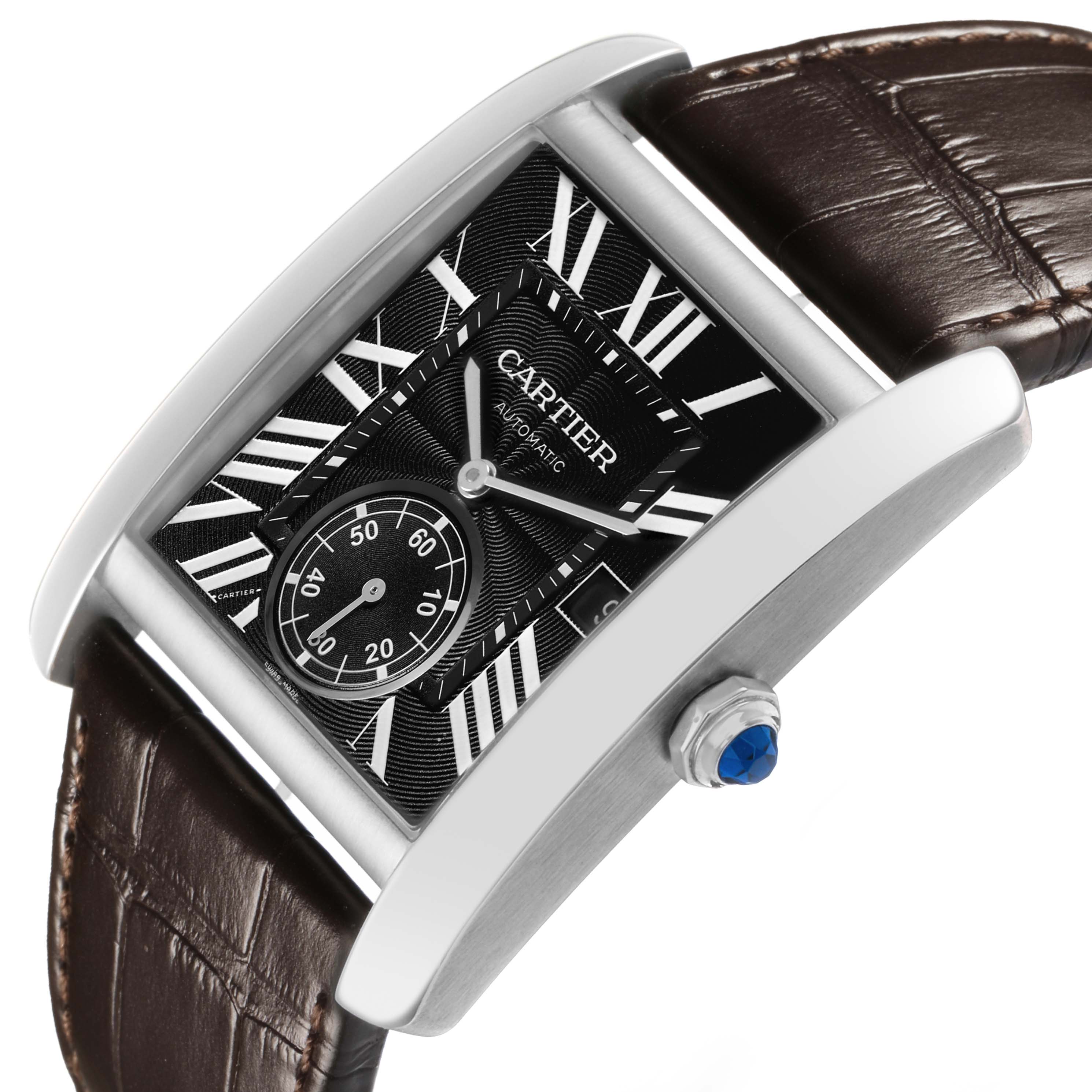 The Cartier Tank MC W5330003 Men's Stainless Steel Black Dial watch is shown at an angled side view, highlighting its rectangular face, crown, and leather strap.
