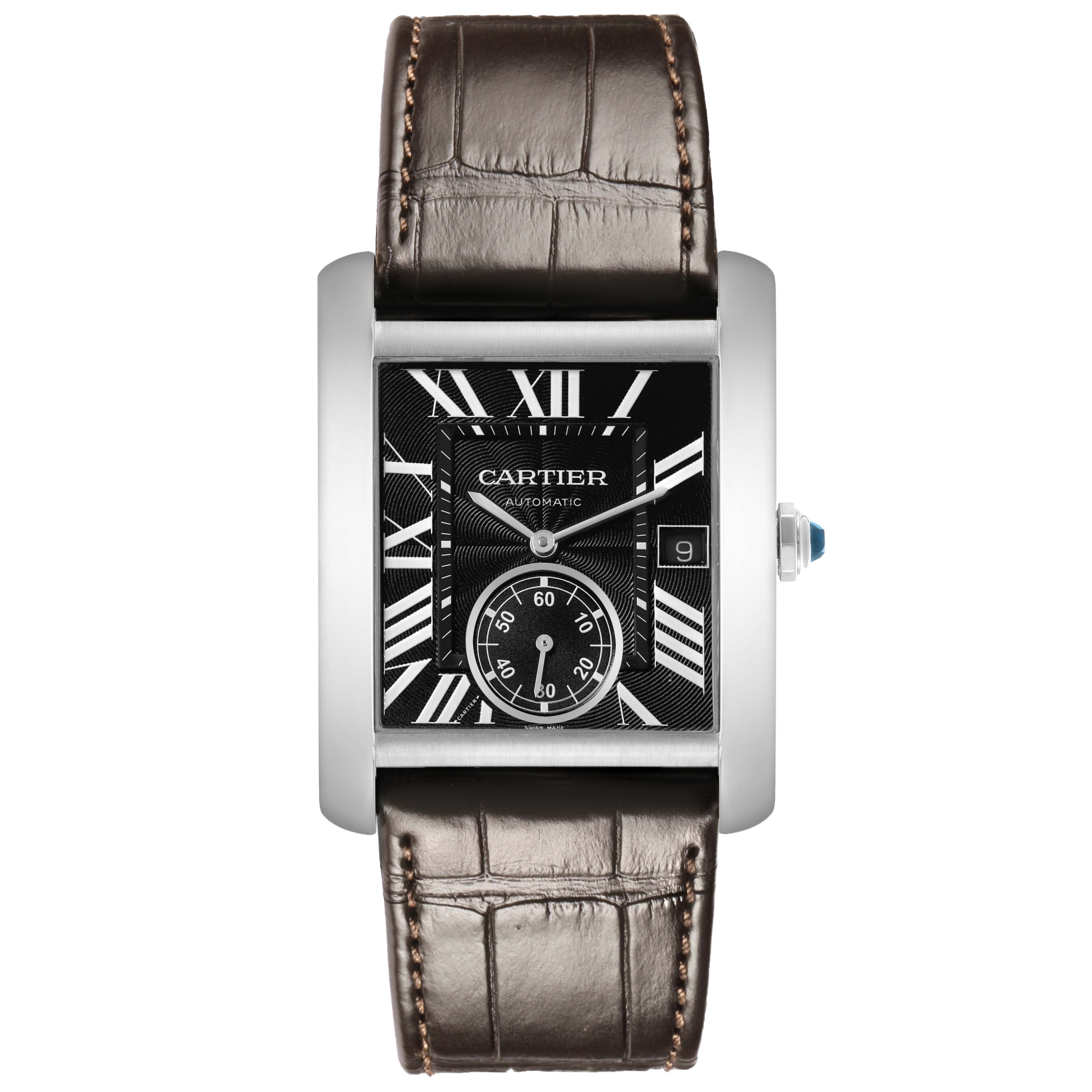 The Cartier Tank MC W5330003 Men's Stainless Steel Black Dial watch is shown from a top view, highlighting the rectangular case, dial, leather strap, and crown.