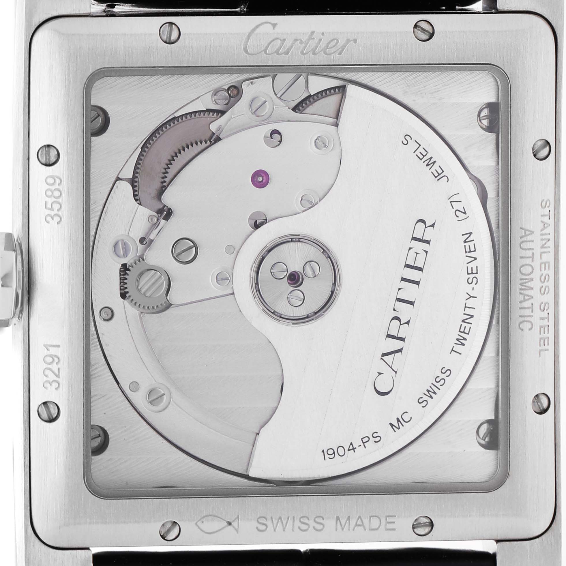The image shows the back view of the Cartier Tank MC W5330003 Men's Stainless Steel Silver Dial watch, highlighting its automatic movement mechanism.