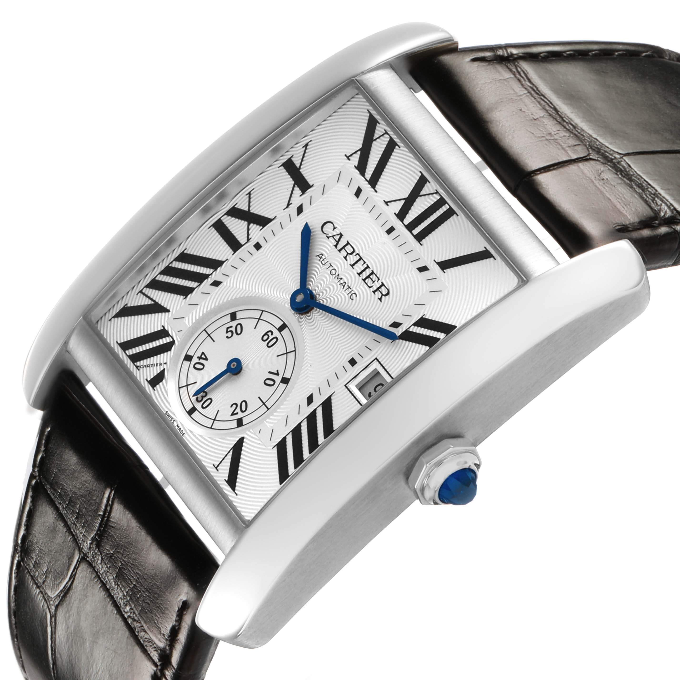 The image shows a Cartier Tank MC W5330003 Men's Stainless Steel Silver Dial watch at a slight angle, displaying its face, crown, and part of the leather strap.