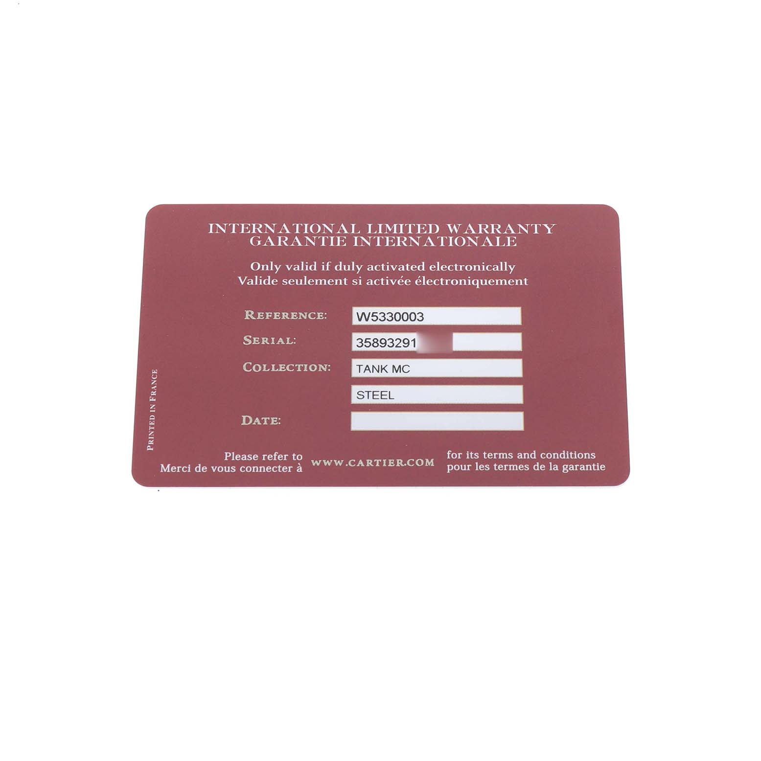 The image shows an International Limited Warranty card for the Cartier Tank MC W5330003 Men's Stainless Steel Silver Dial watch.