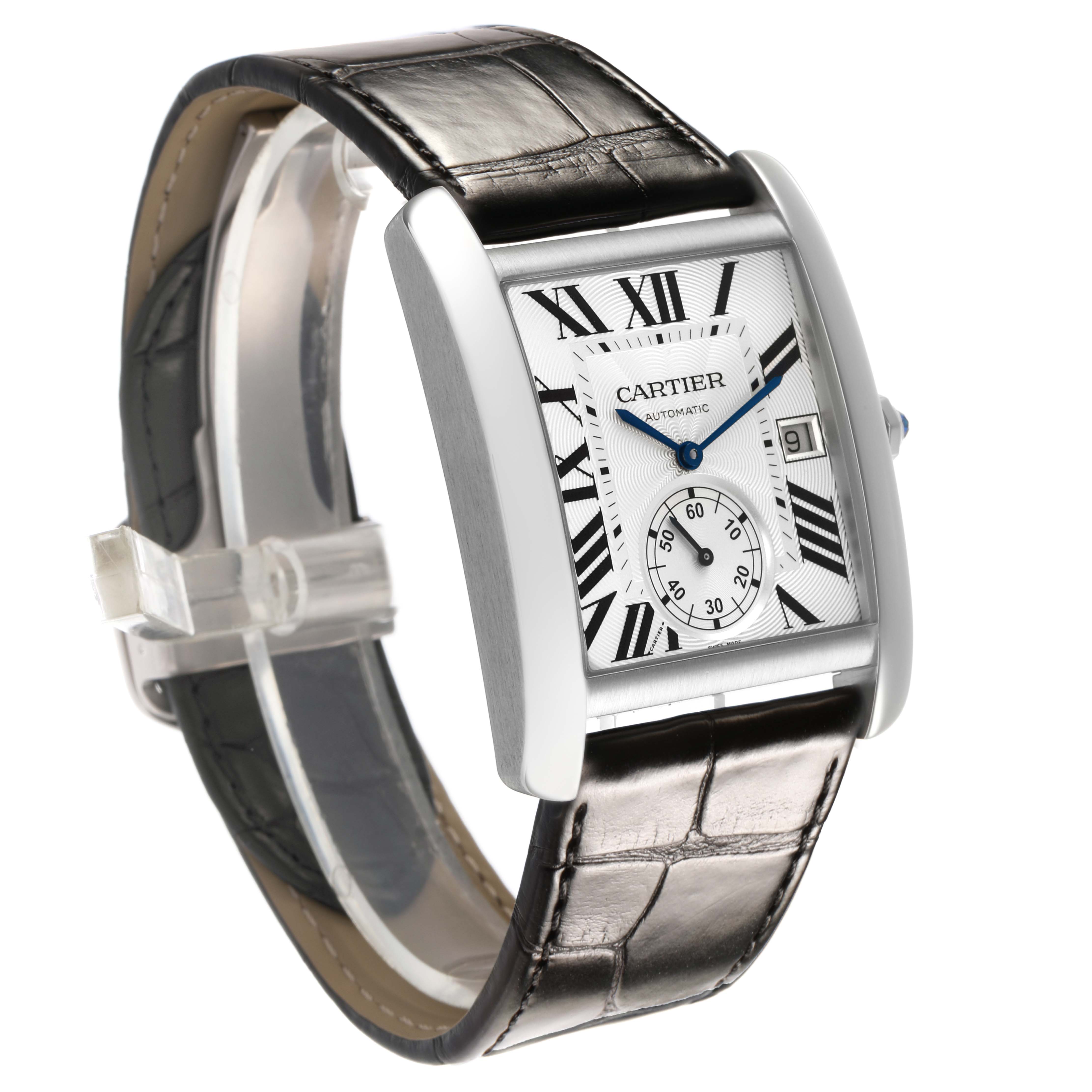The Cartier Tank MC W5330003 Men's Stainless Steel Silver Dial watch is shown from a three-quarter angle, highlighting the rectangular face, Roman numerals, and black leather strap.