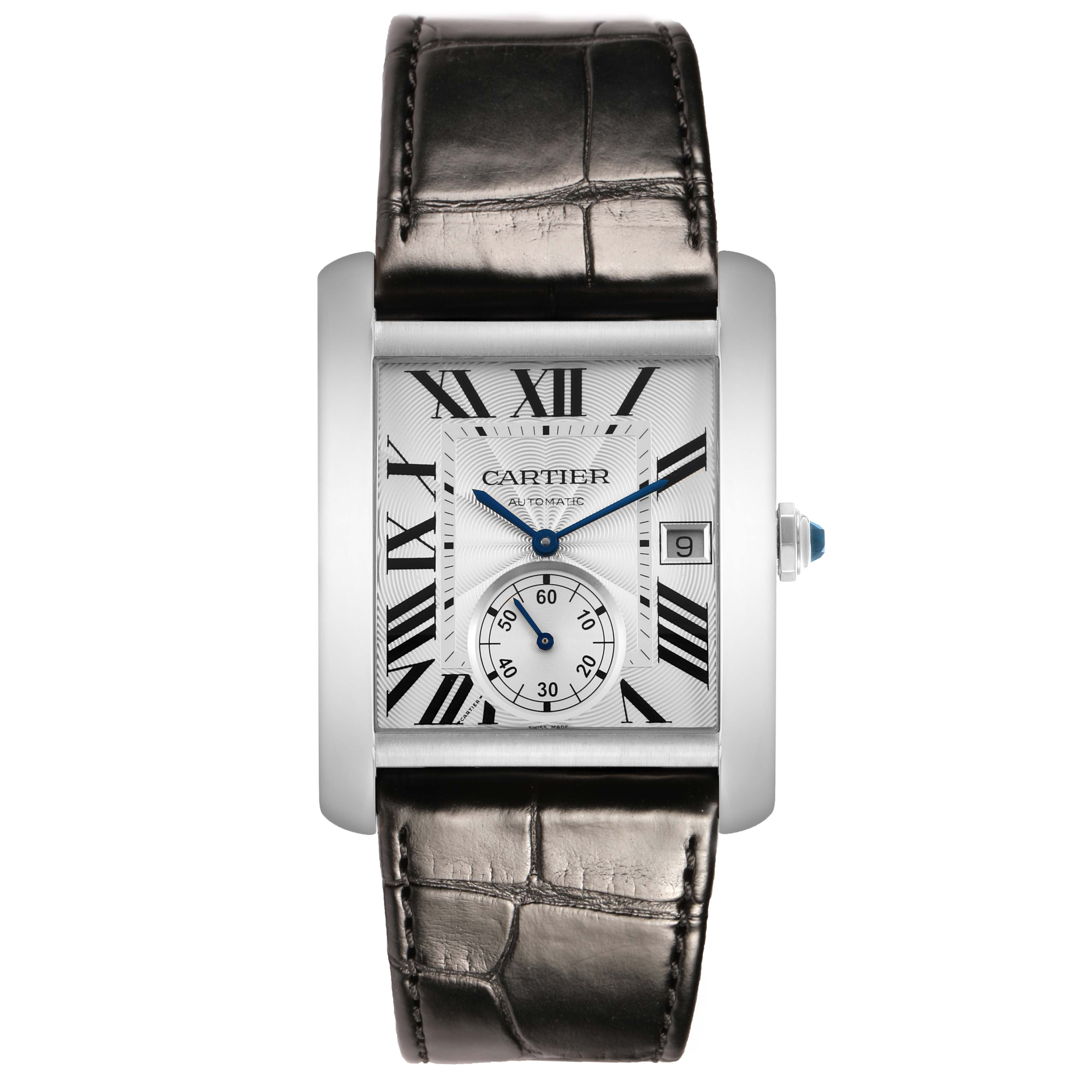 The Cartier Tank MC W5330003 Men's Stainless Steel Silver Dial watch is shown from a front angle, highlighting its rectangular face, Roman numerals, and leather strap.