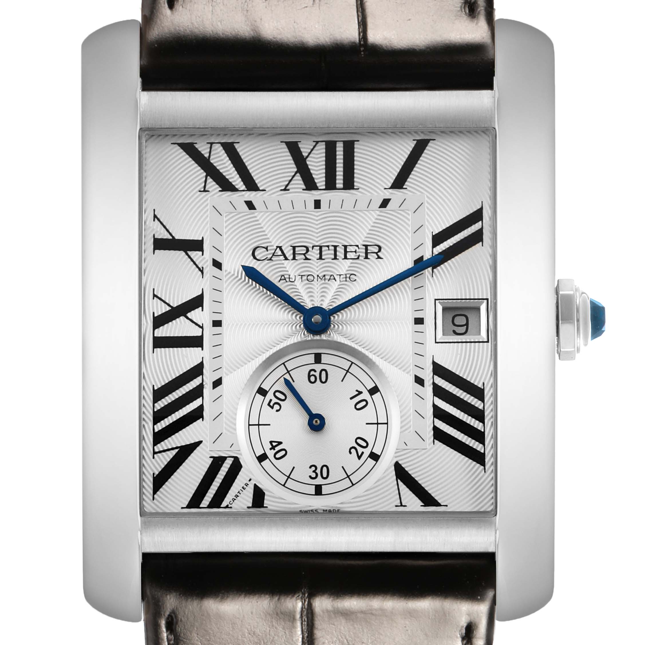 The Cartier Tank MC W5330003 Men's Stainless Steel Silver Dial watch is shown from the front, highlighting the case, dial, Roman numerals, sub-dial, and crown.
